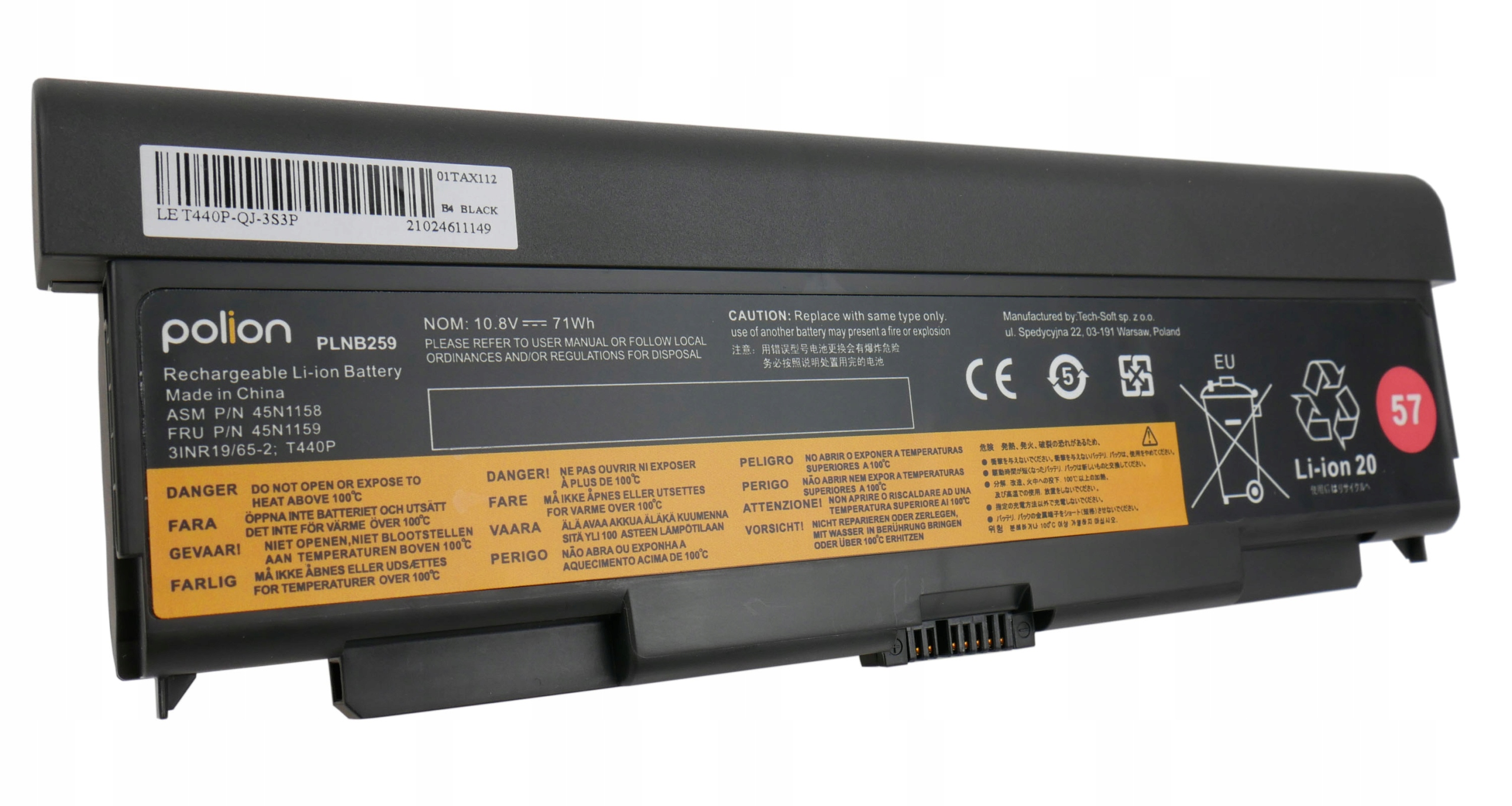 Czarna bateria do laptopa z etykietami i ostrzeżeniami.