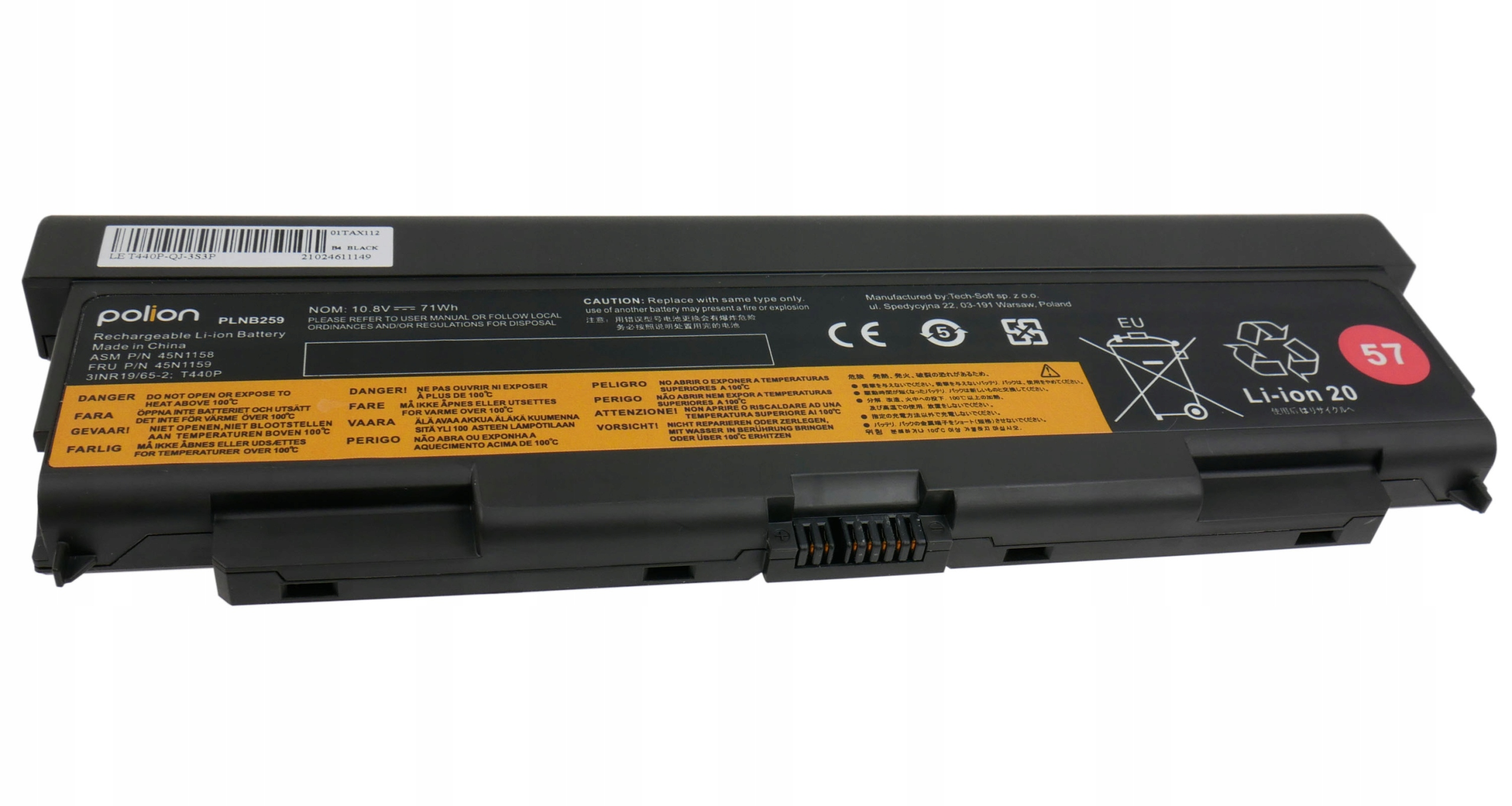 Czarny akumulator litowo-jonowy z etykietami ostrzegawczymi i danymi technicznymi.