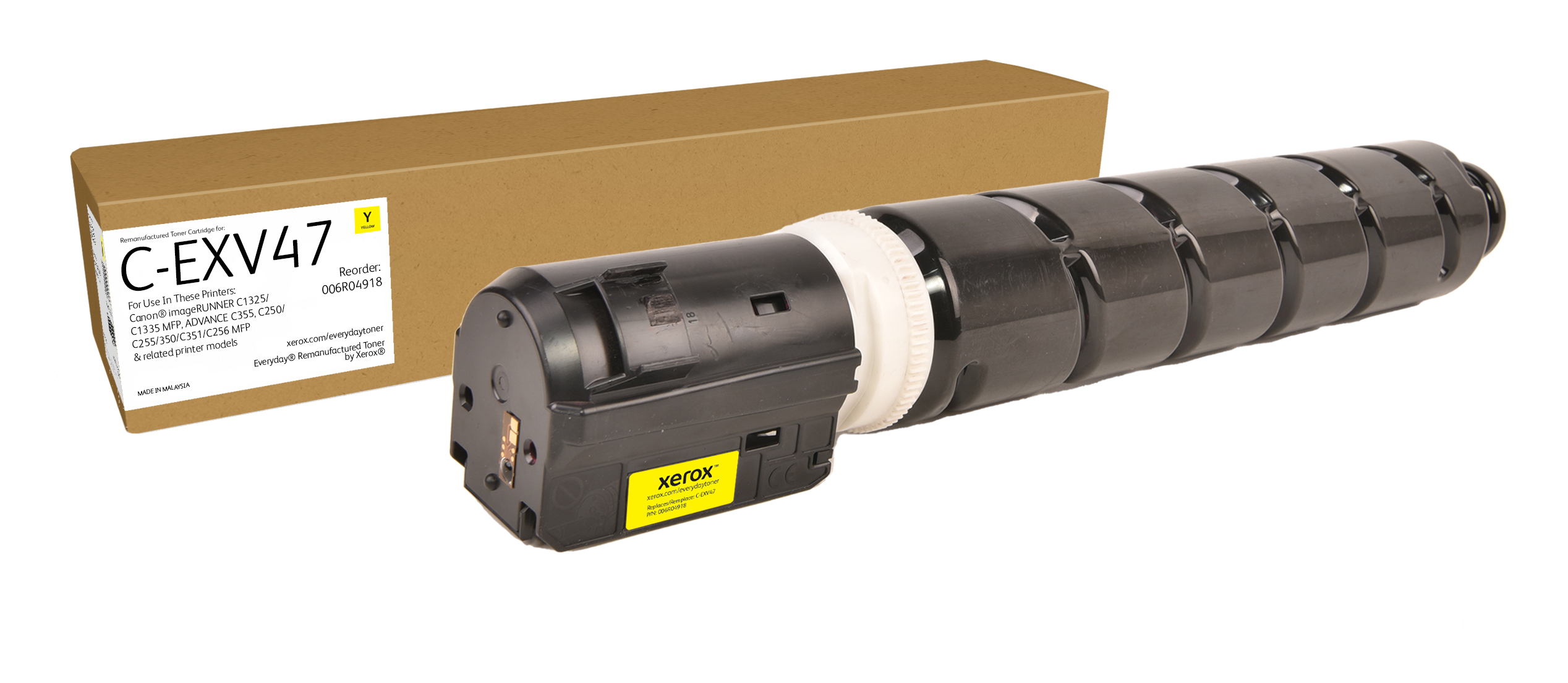 Una cartuccia toner Xerox C-EXV47 gialla e la sua scatola marrone su sfondo bianco.