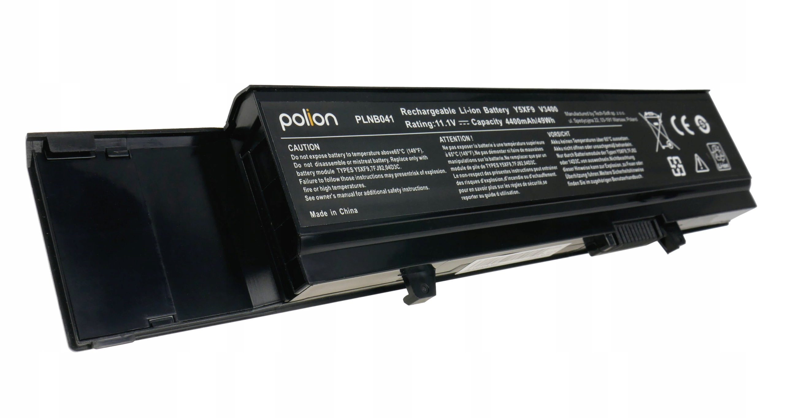 Czarna bateria do laptopa z naklejką i symbolami ostrzegawczymi.