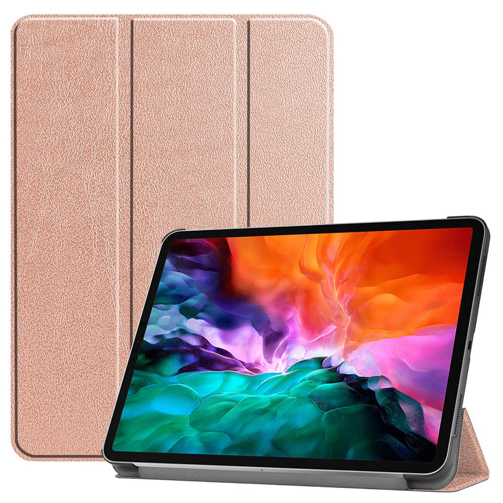 Rosa Tablet Hülle mit aufgestelltem Tablet, das einen bunten Hintergrund anzeigt.