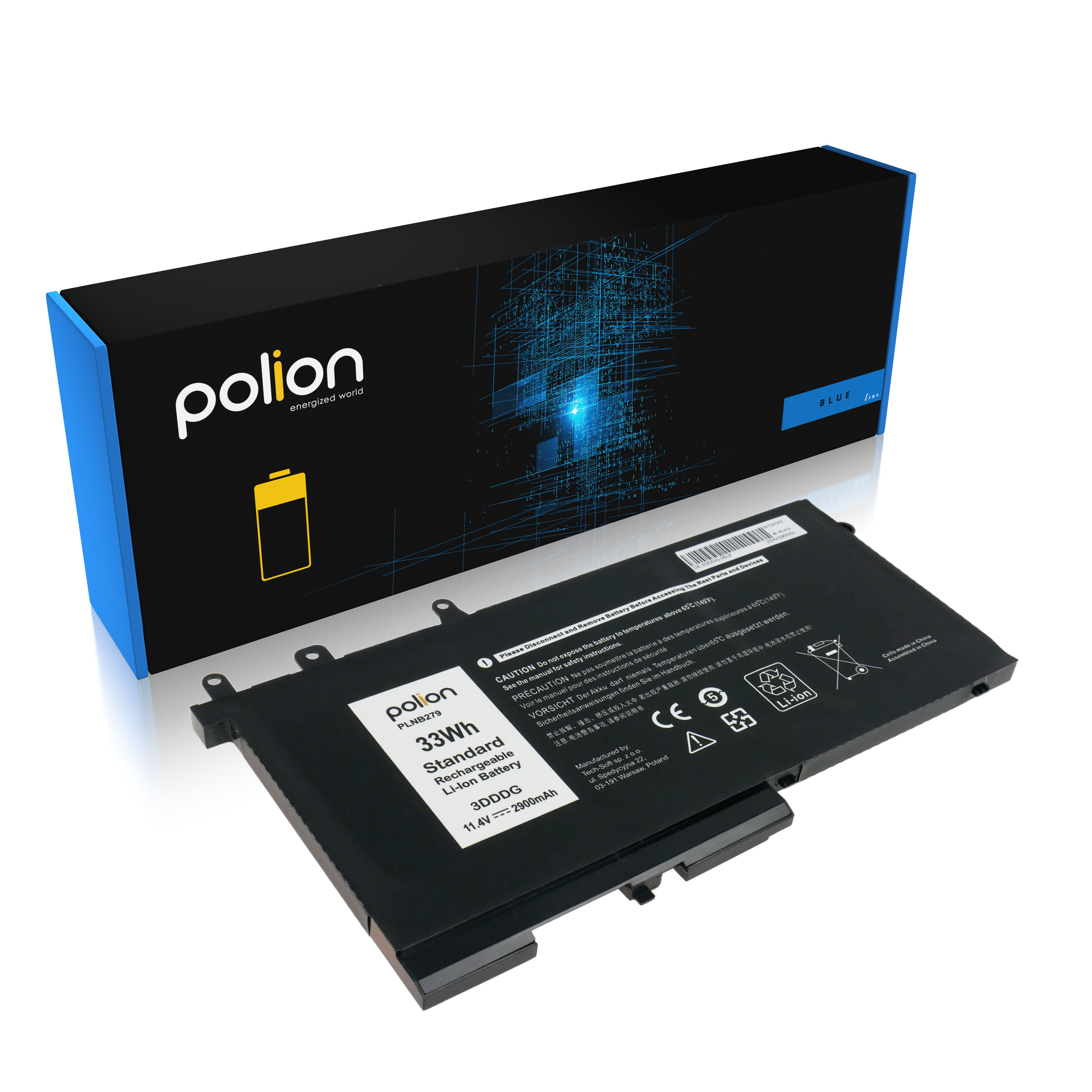 Czarna bateria do laptopa z niebieskim opakowaniem, model Polion 33Wh.