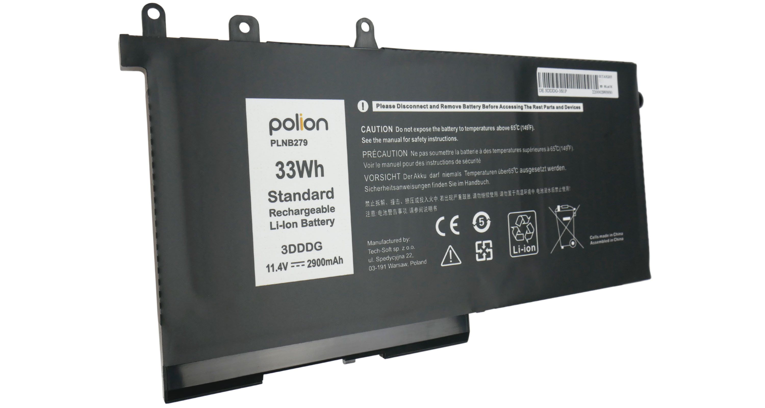 Czarna bateria do laptopa z naklejkami ostrzegawczymi i specyfikacją.