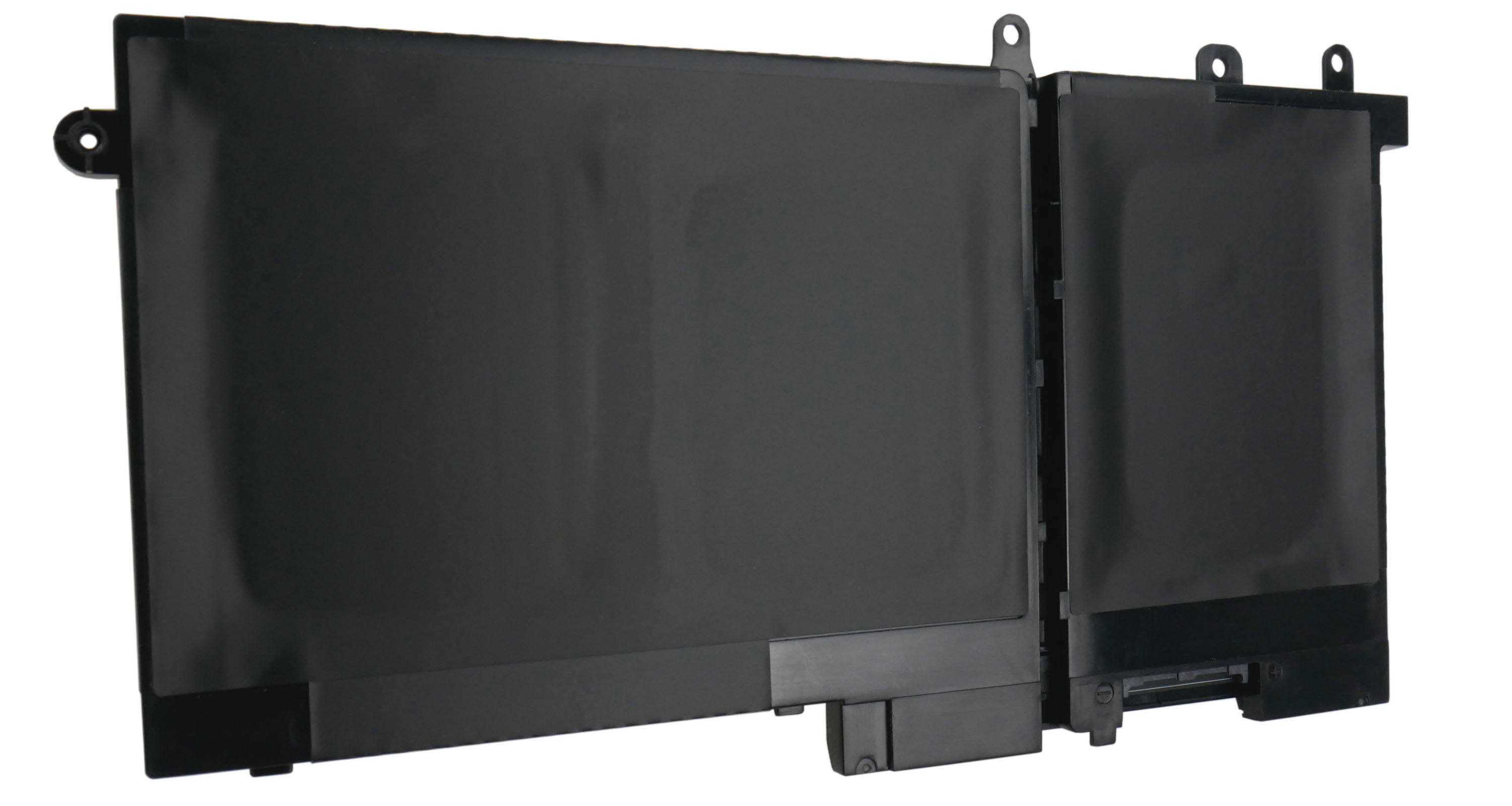 Czarna bateria do laptopa z dwoma oddzielnymi modułami i zaczepami mocującymi.