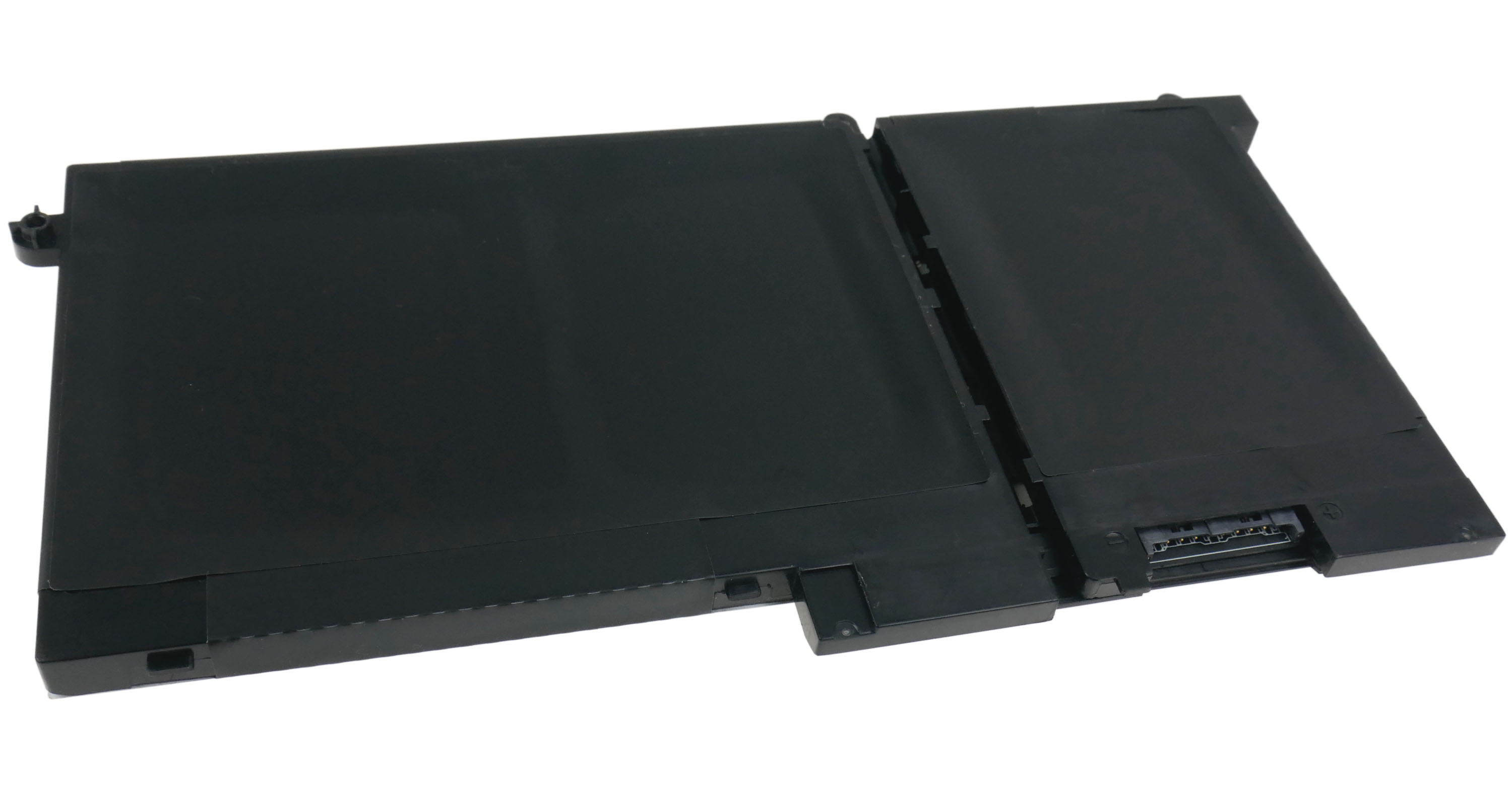 Czarny akumulator do laptopa z złączem na białym tle.