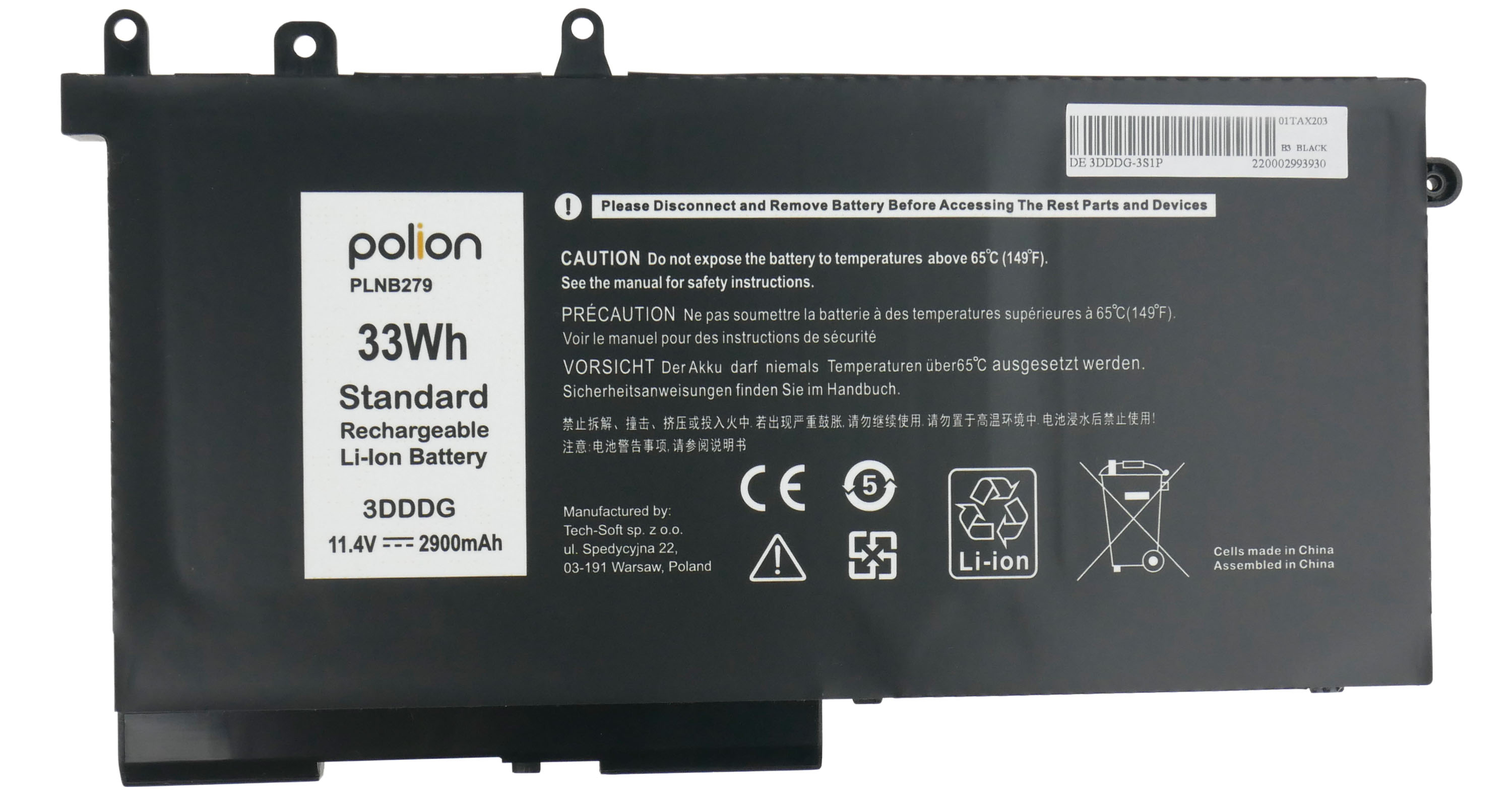 Czarny akumulator Li-Ion Polion, 33Wh, 11.4V, 2900mAh. Z ostrzeżeniami bezpieczeństwa.