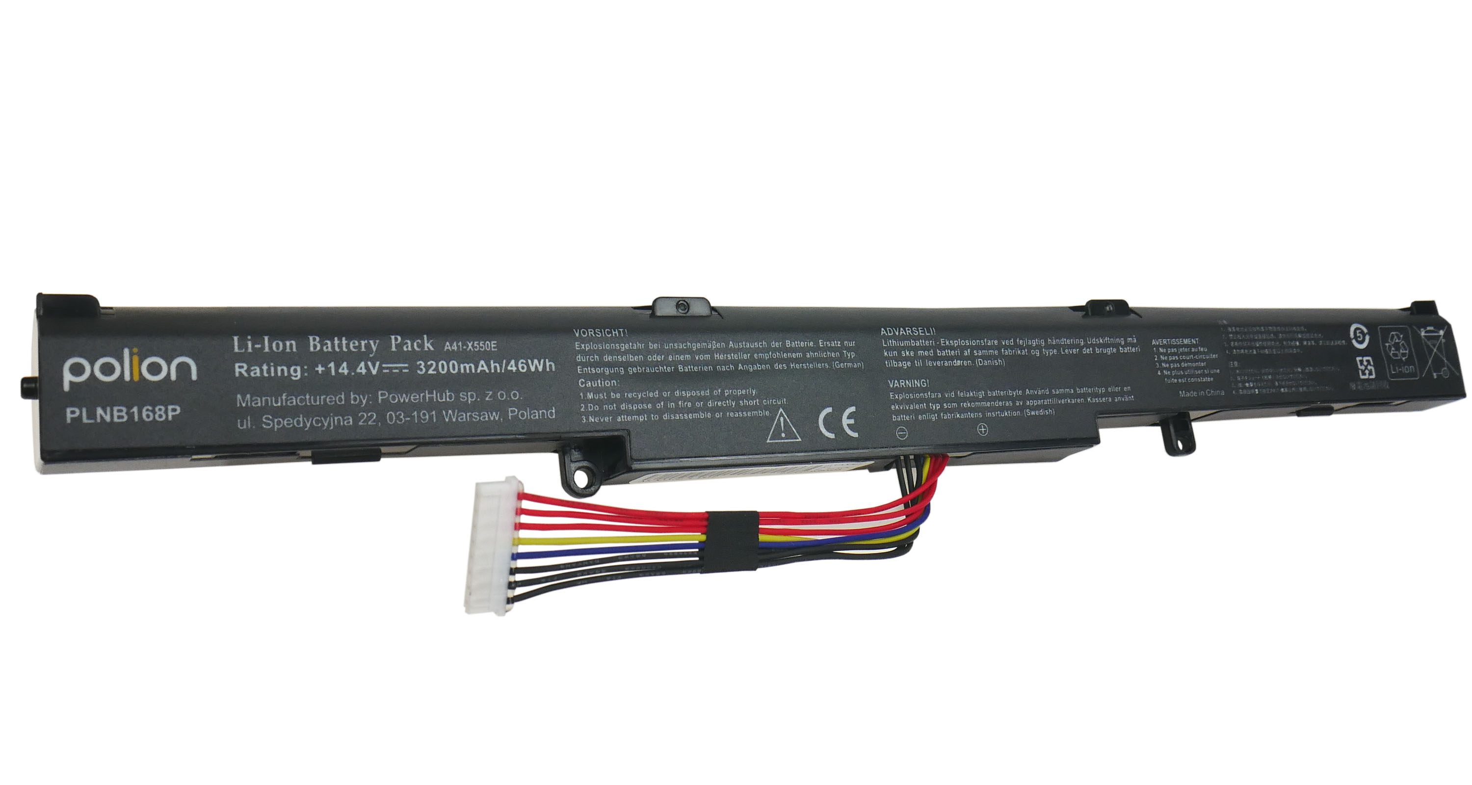 Czarny akumulator do laptopa z kablami i etykietami.