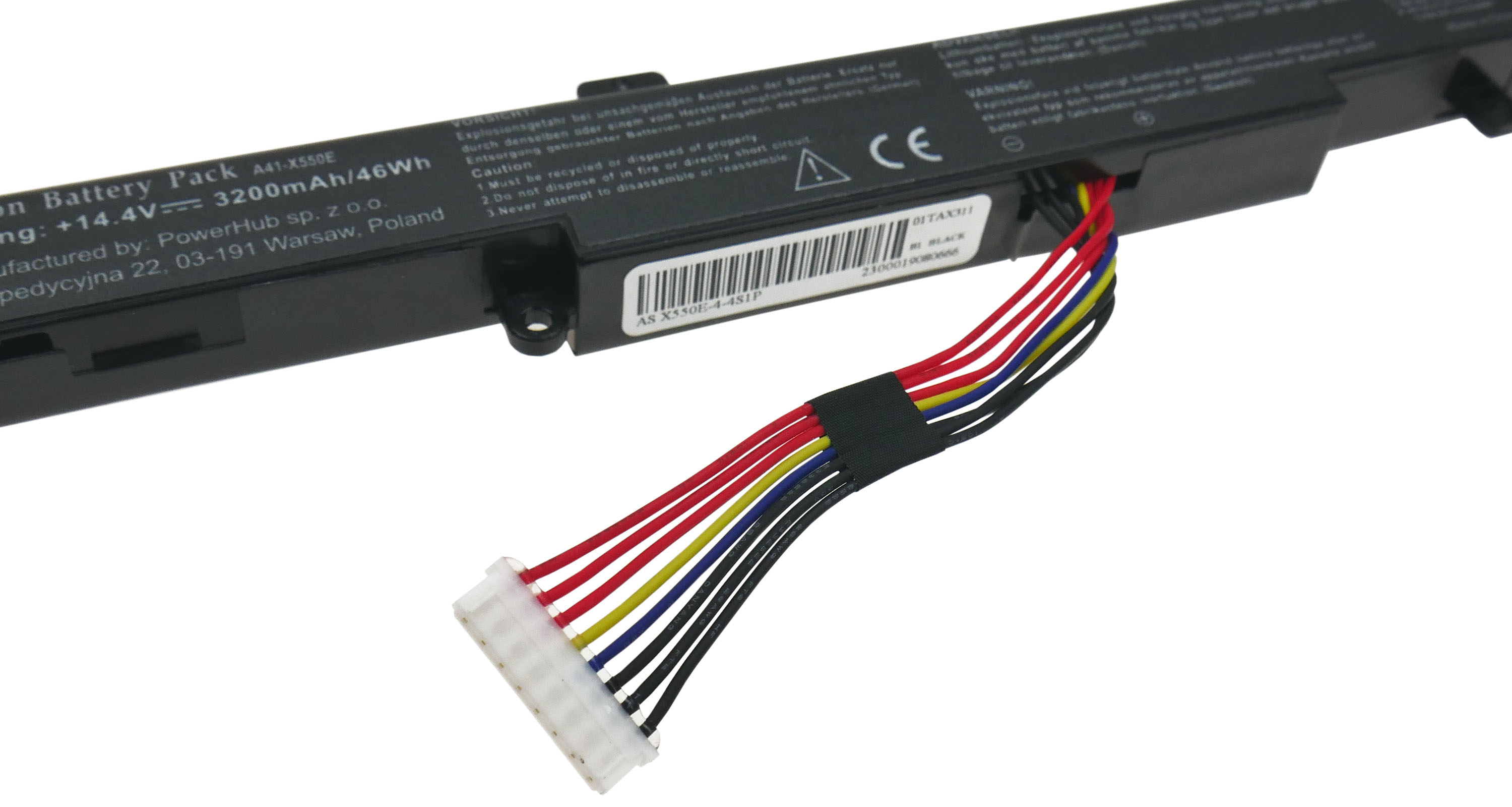 Akumulator do laptopa z kablami. 14,4V, 3200mAh, 46Wh. Wyprodukowano w Polsce.