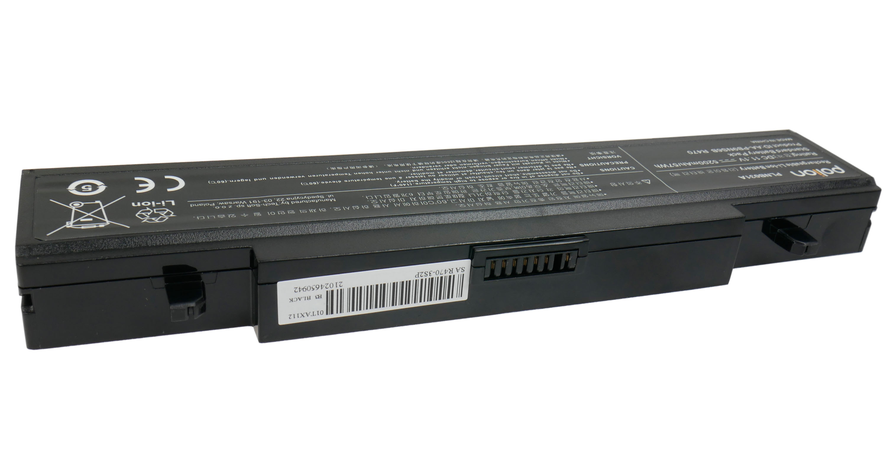 Czarna bateria laptopa Li-Ion z oznaczeniami i ostrzeżeniami.