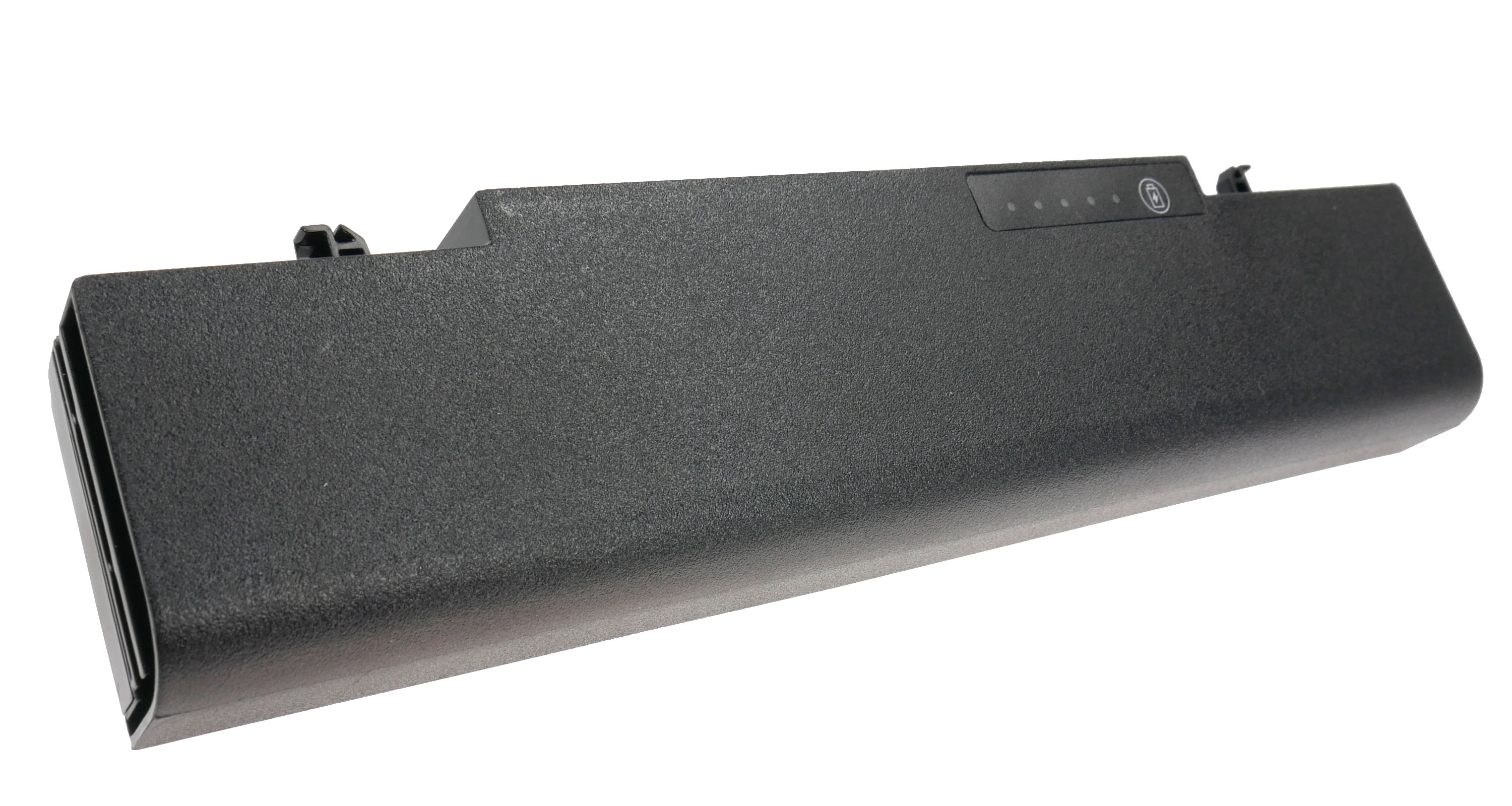 Czarna bateria do laptopa ze wskaźnikiem naładowania i symbolem baterii.