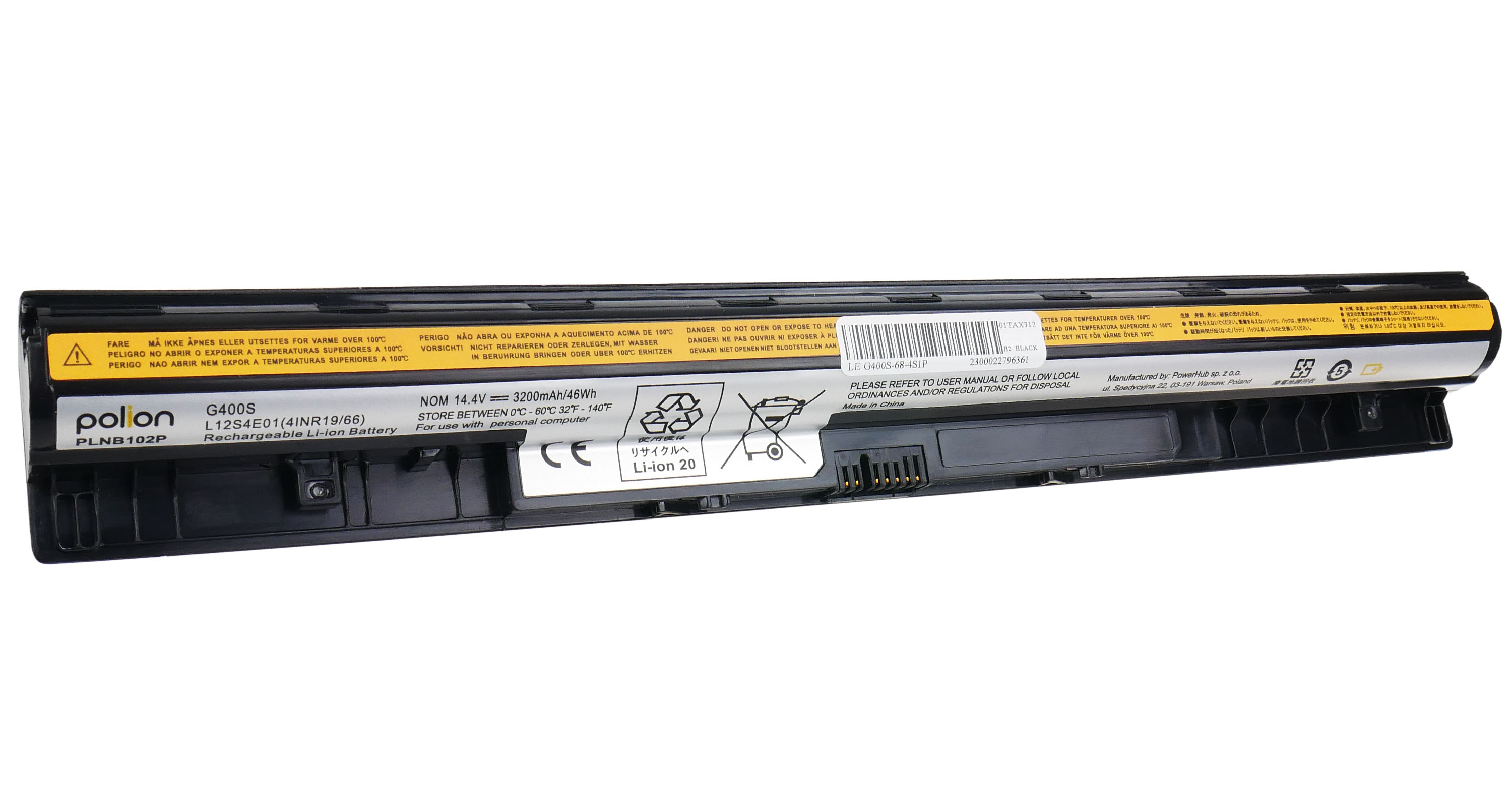 Czarny akumulator litowo-jonowy do laptopów z etykietami ostrzegawczymi i specyfikacjami.