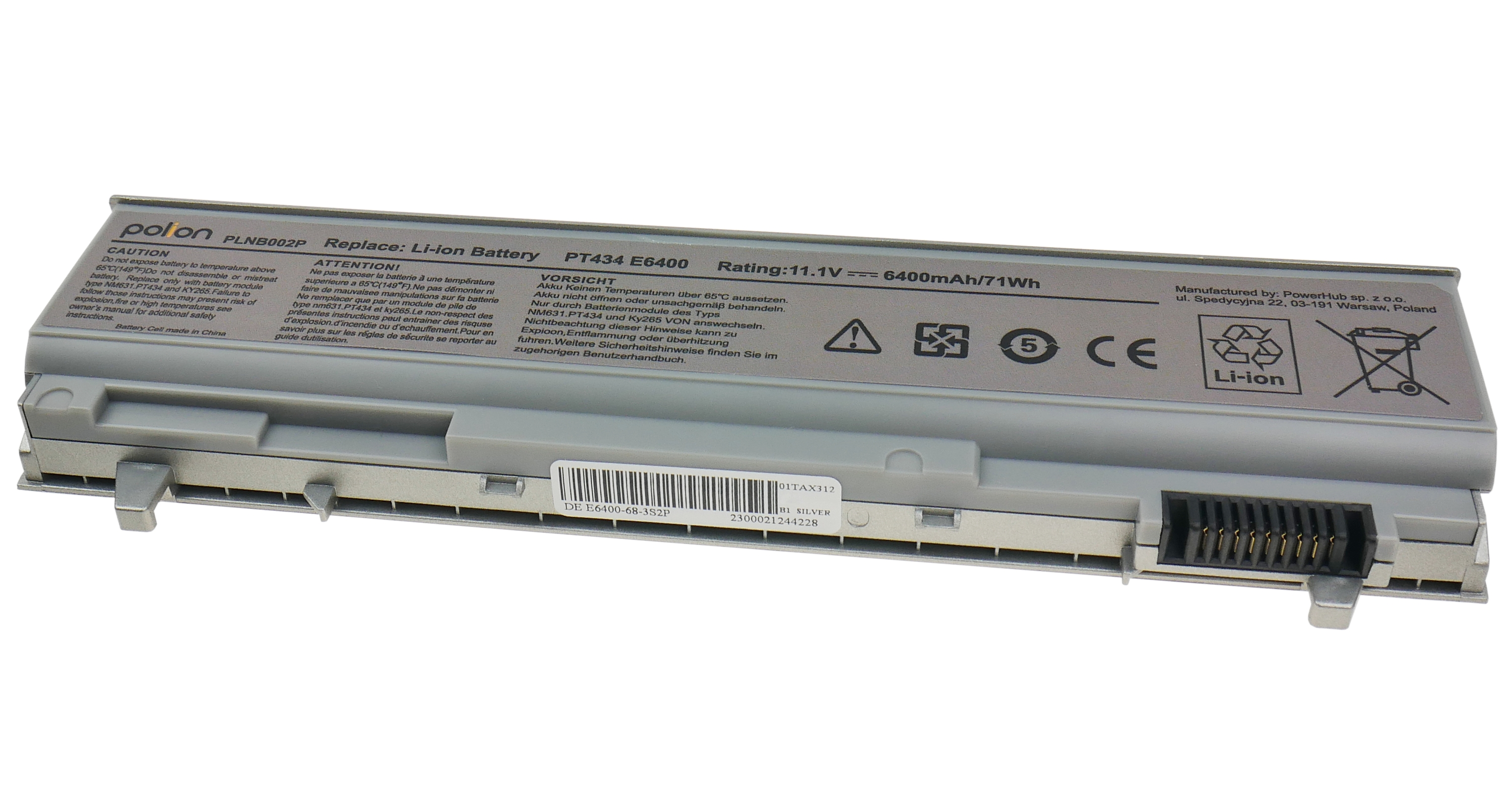 Szary akumulator laptopa z symbolami ostrzegawczymi i złączami.