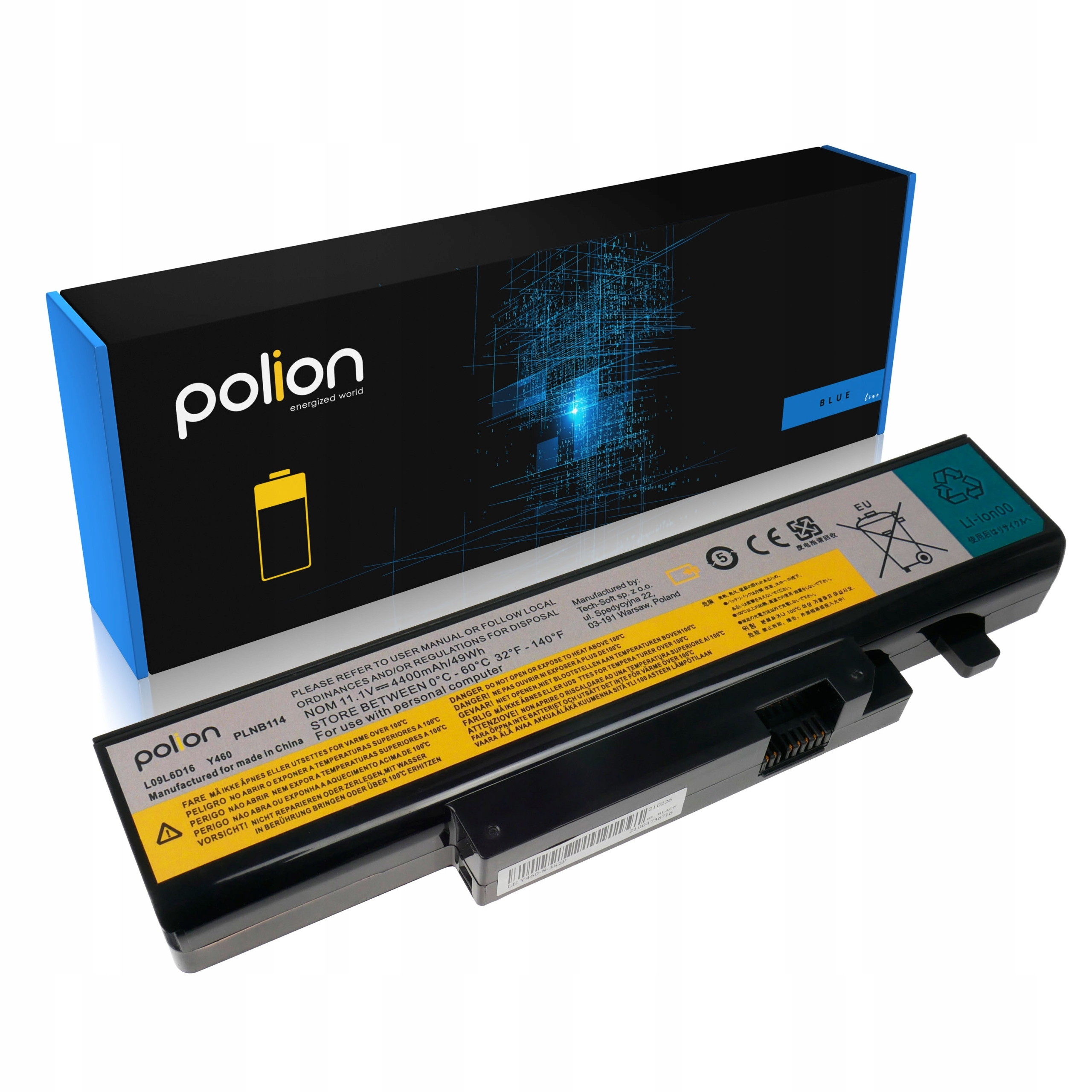 Bateria do laptopa Polon, model PLNB114, leży obok pudełka.