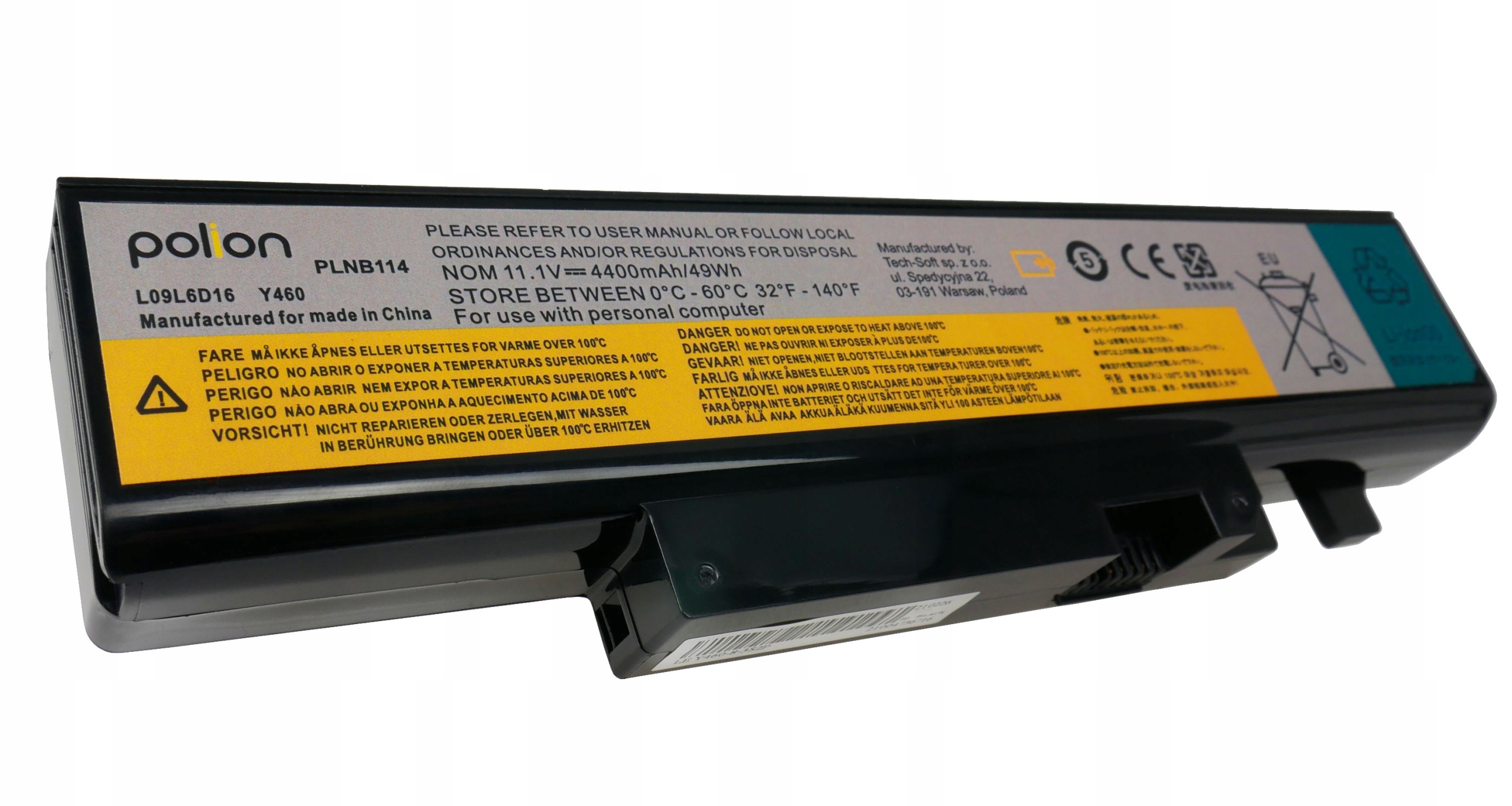 Czarna bateria do laptopa z numerem modelu i etykietami ostrzegawczymi.