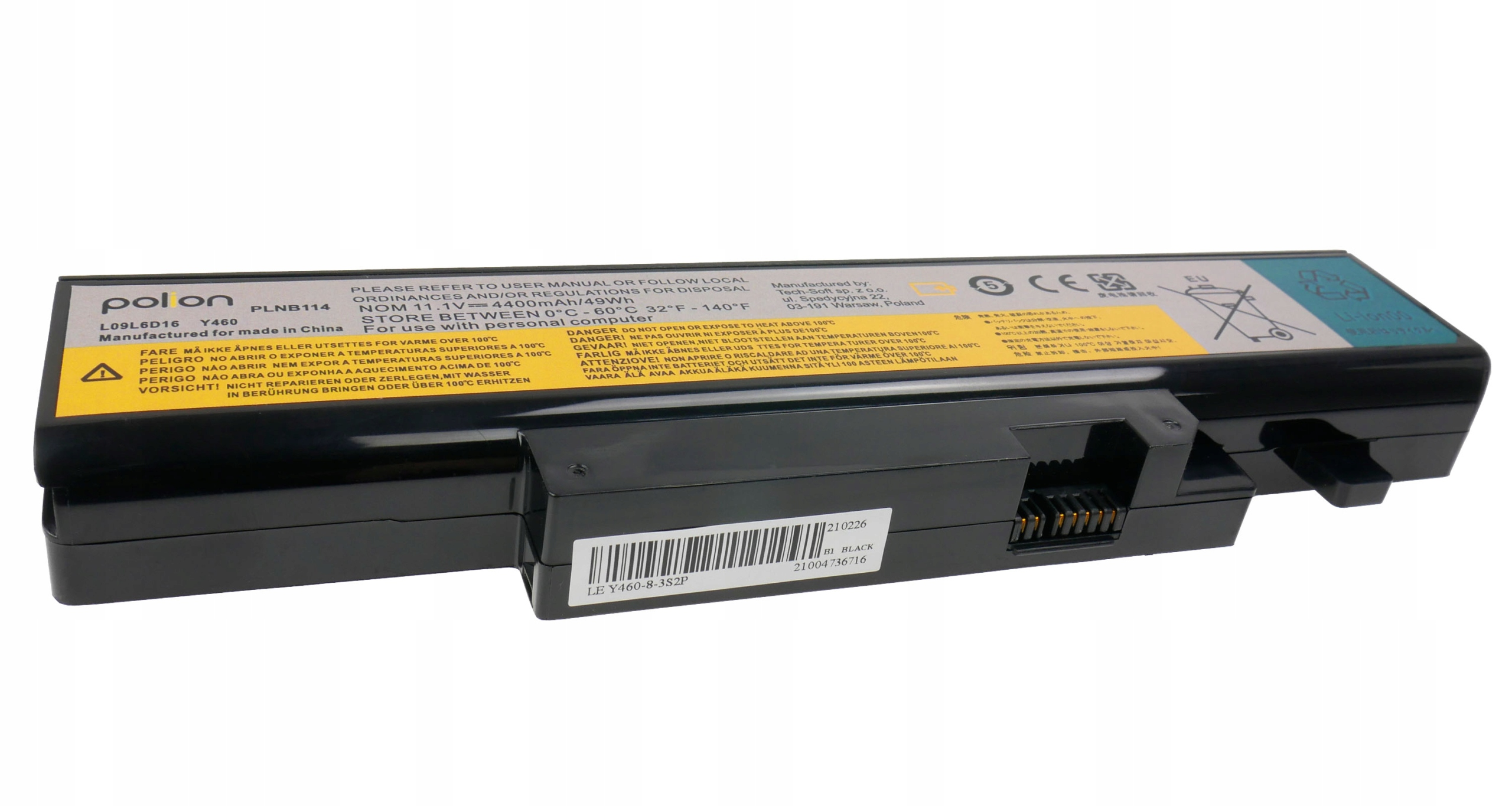 Czarny akumulator do laptopa z żółtą etykietą ostrzegawczą i numerami modeli.