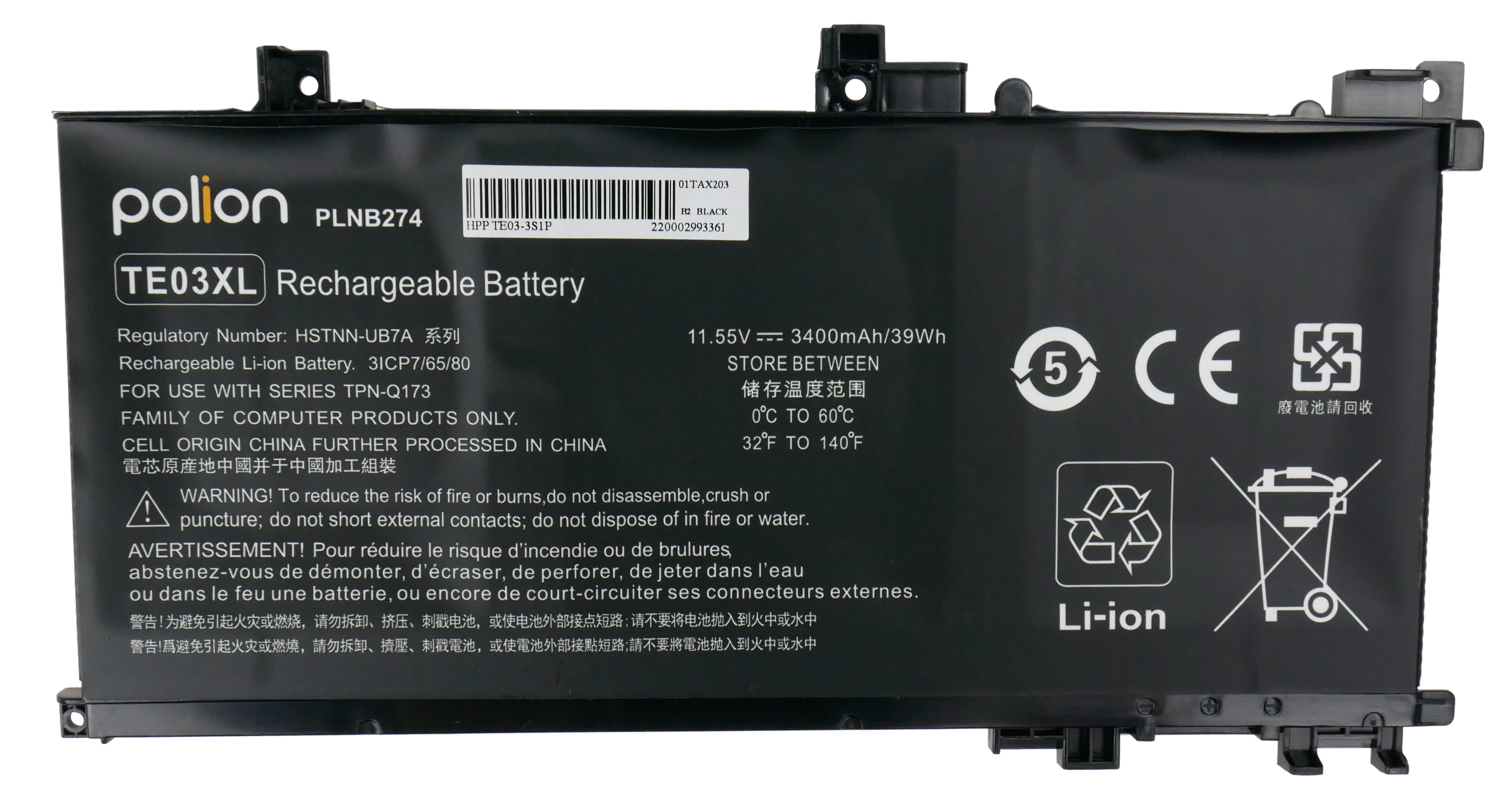 Czarna bateria do laptopa z tekstem: Polion, PLNB274, TE03XL, 3400mAh, ostrzeżenia.