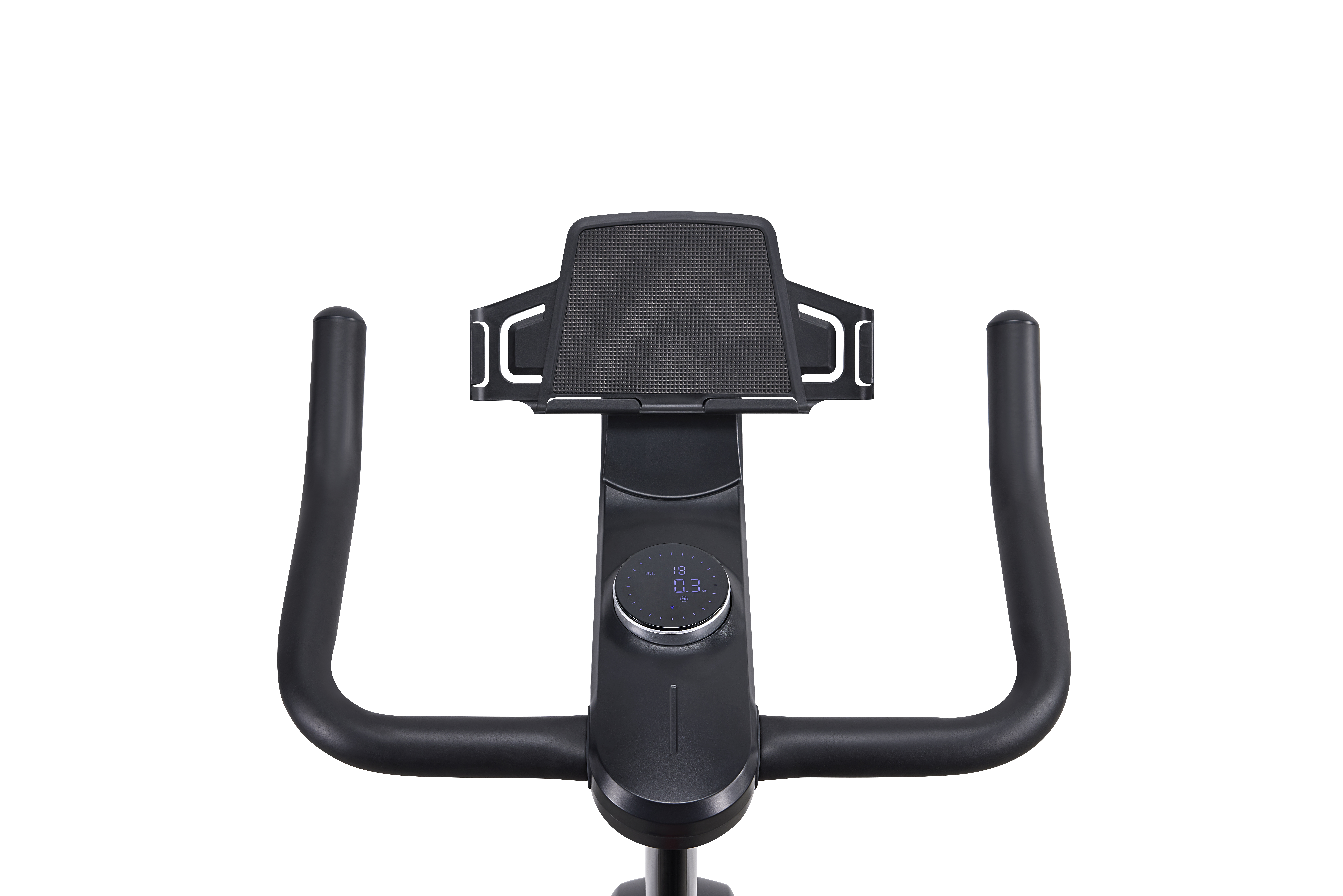 Manillar de bicicleta negro con pantalla que muestra nivel y kilómetros.
