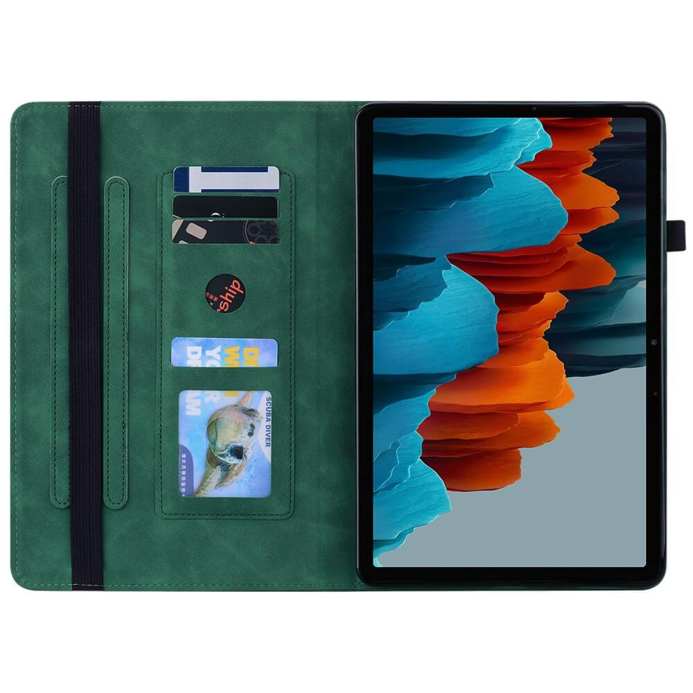 Ein grünes Tablet mit Hülle und Kartenfächern daneben. Der Bildschirm zeigt bunte Schichten.