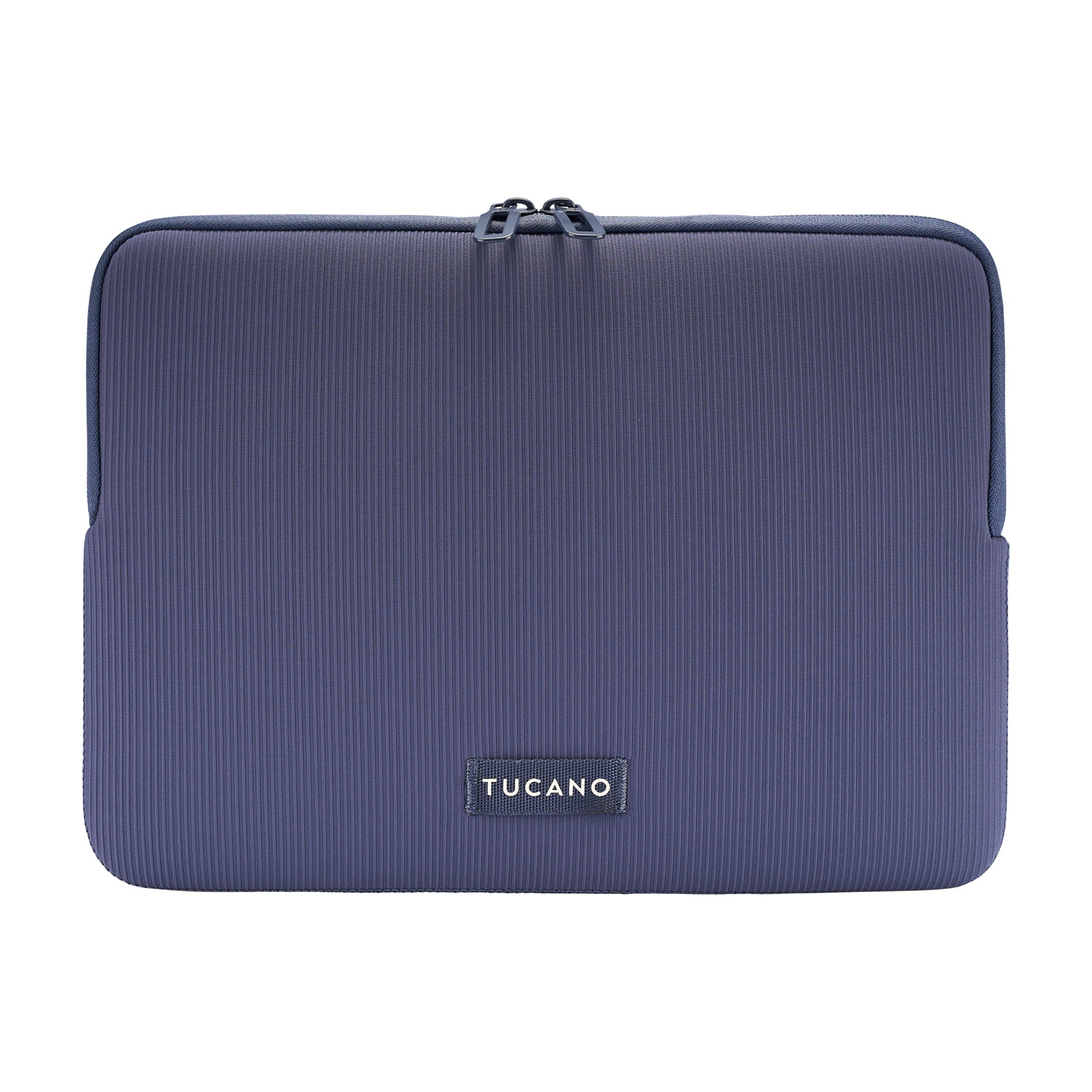Dark blue laptop sleeve with vertical ribbing and zipper.
