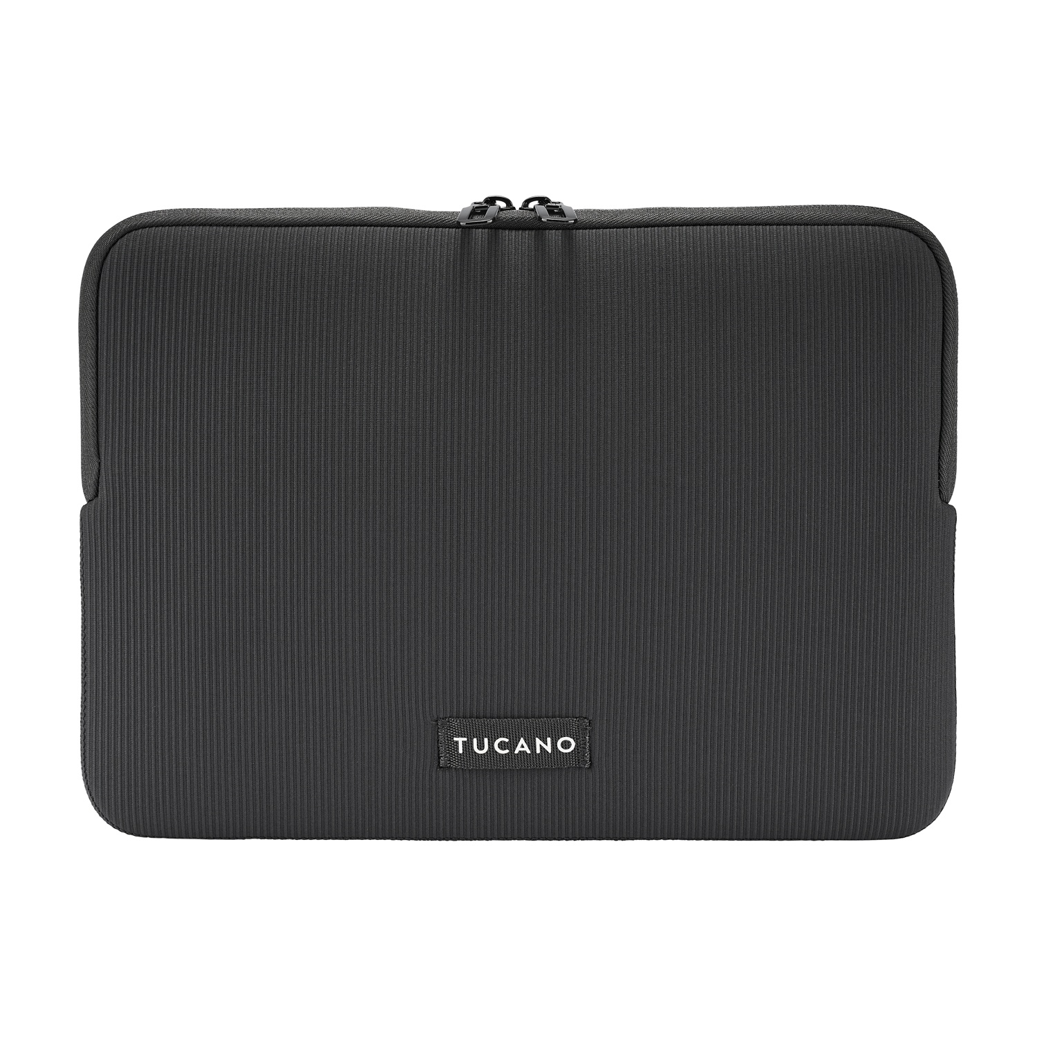 Black laptop sleeve with vertical ribs and a zipper closure.