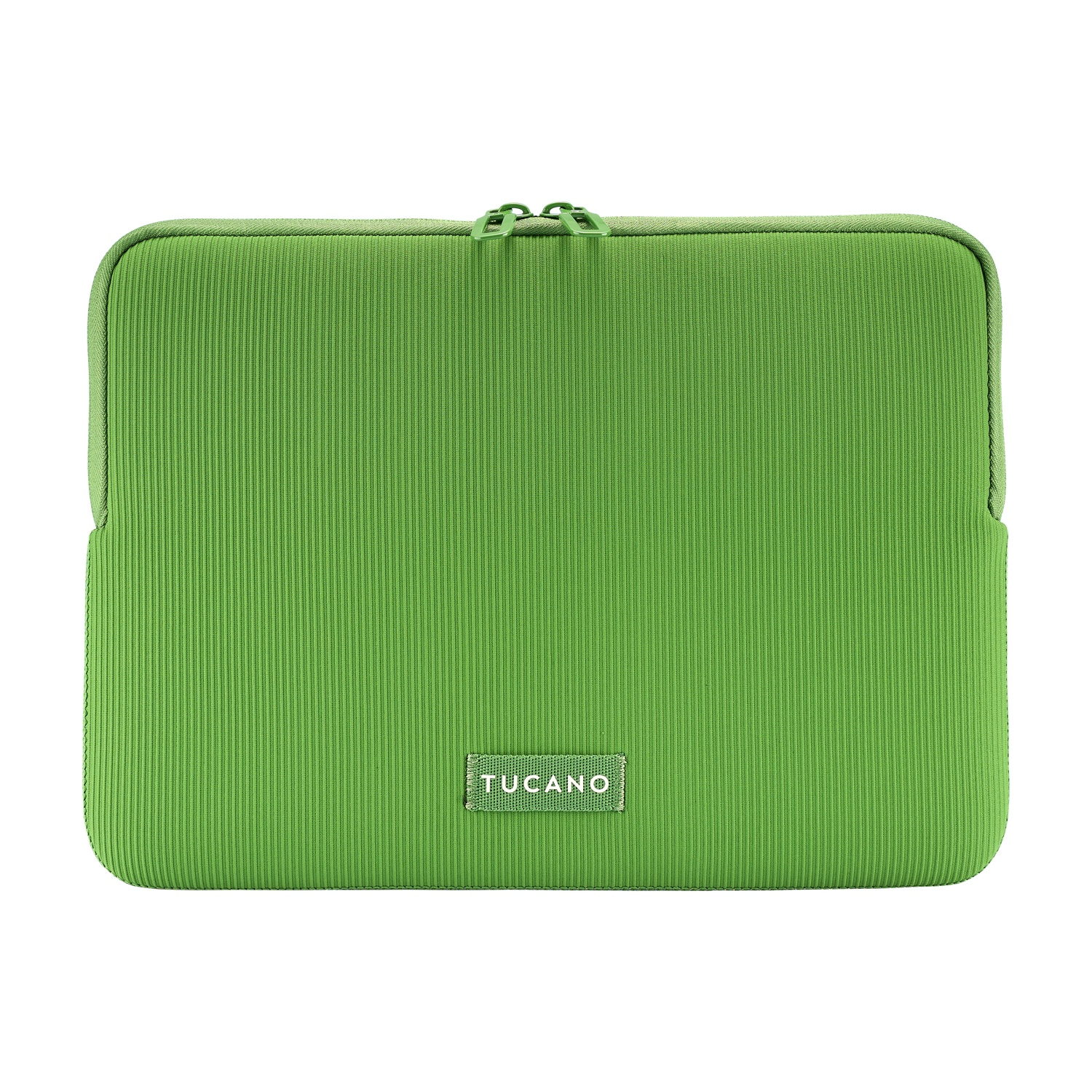 Green laptop sleeve with vertical ribbing and a zipper.