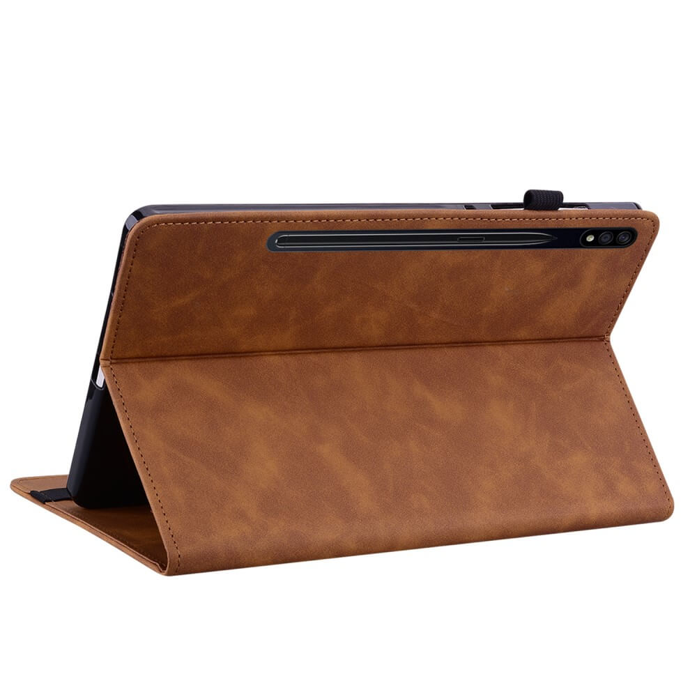 Ein braunes Tablet mit Stifthalter und Kameras auf der Rückseite.