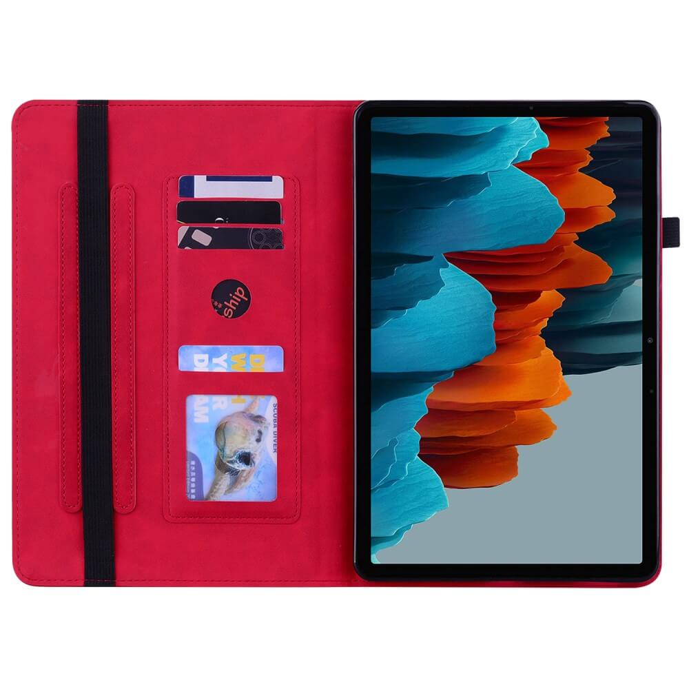Rote Tablet-Hülle mit Kartenfächern und einem Tablet mit abstraktem Hintergrund.