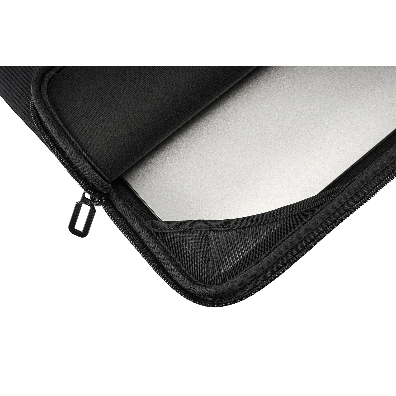 A silver laptop inside a black zippered case.