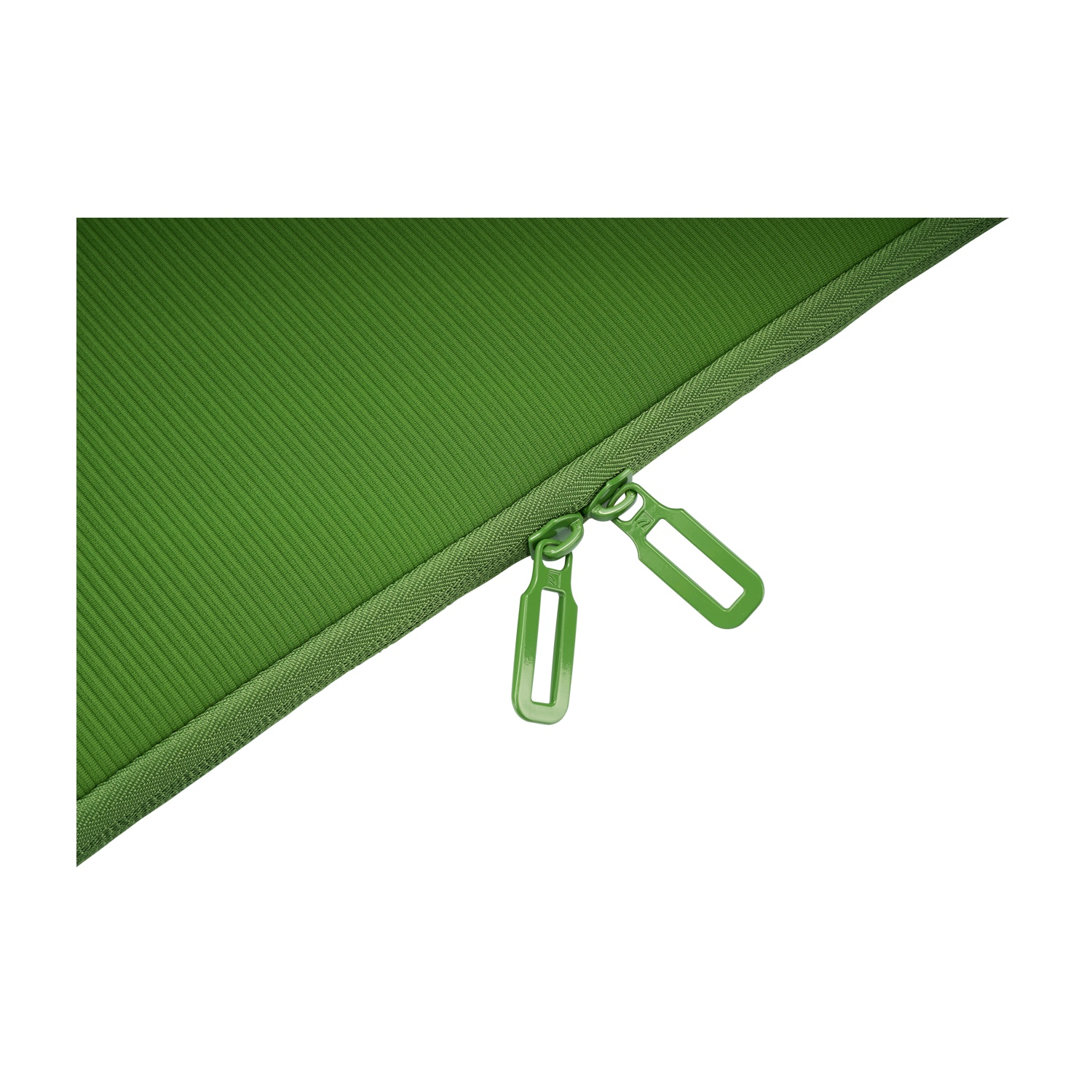 Green fabric with a zipper and two pulls.