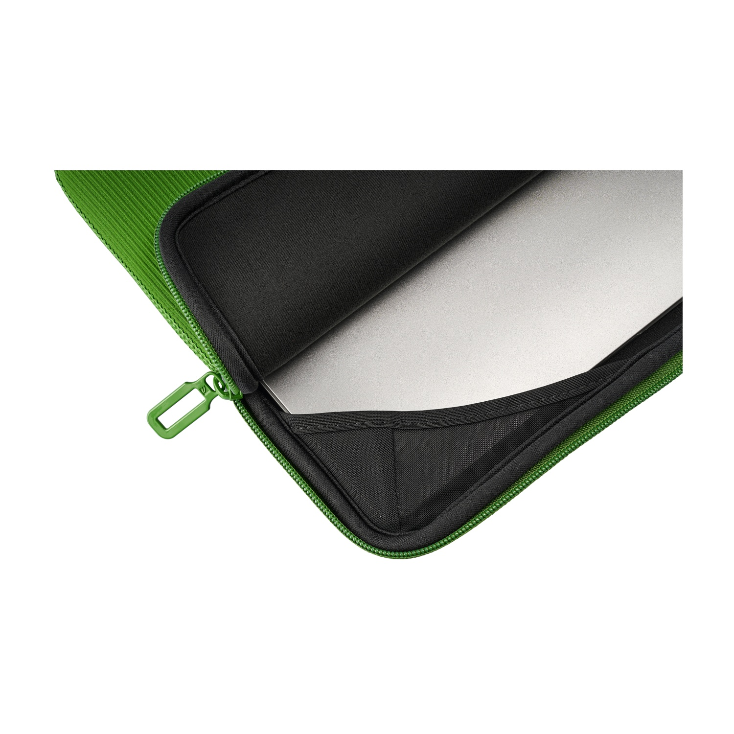 Green laptop sleeve with a silver laptop, partially open zipper.