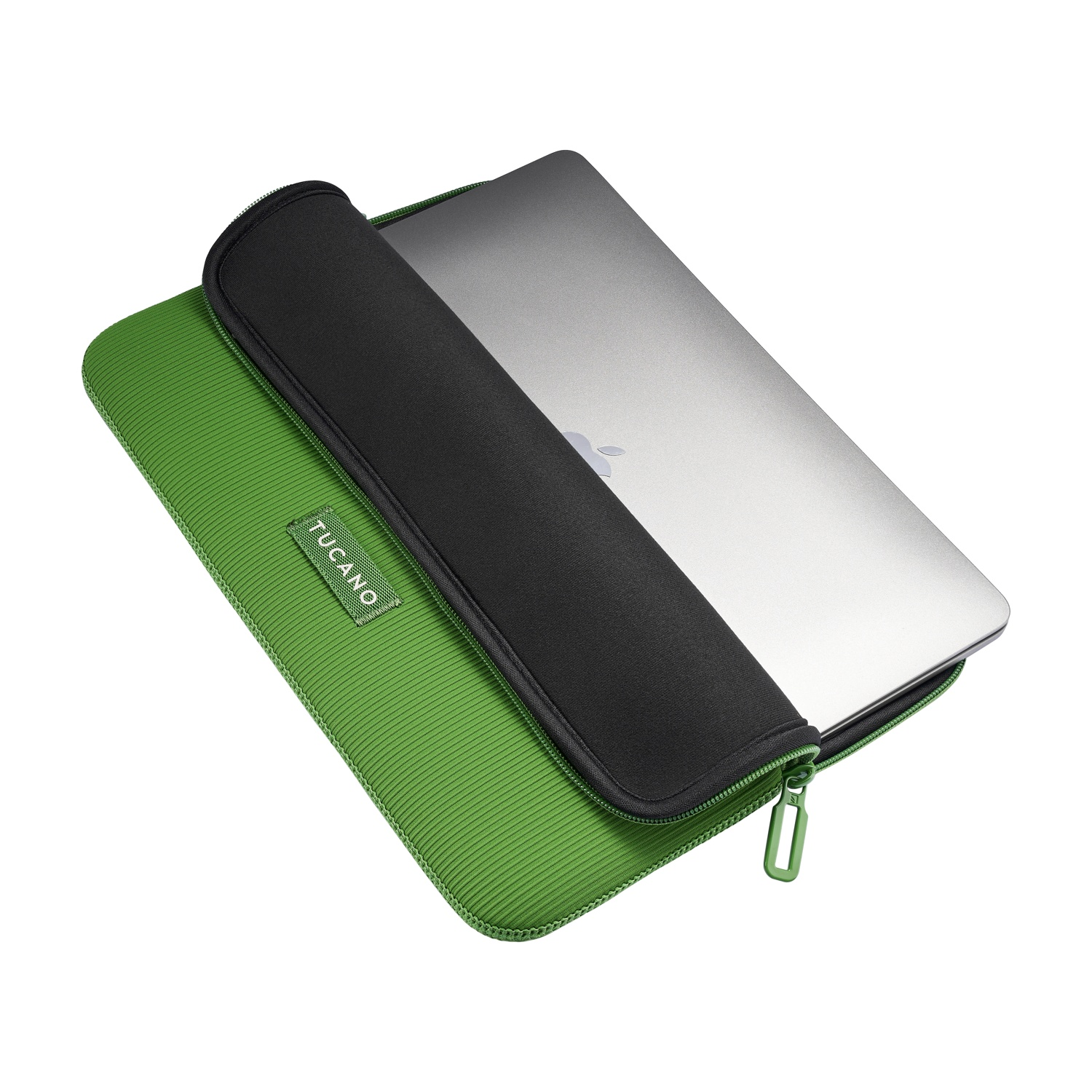 Green laptop sleeve with zipper, a silver laptop being inserted.