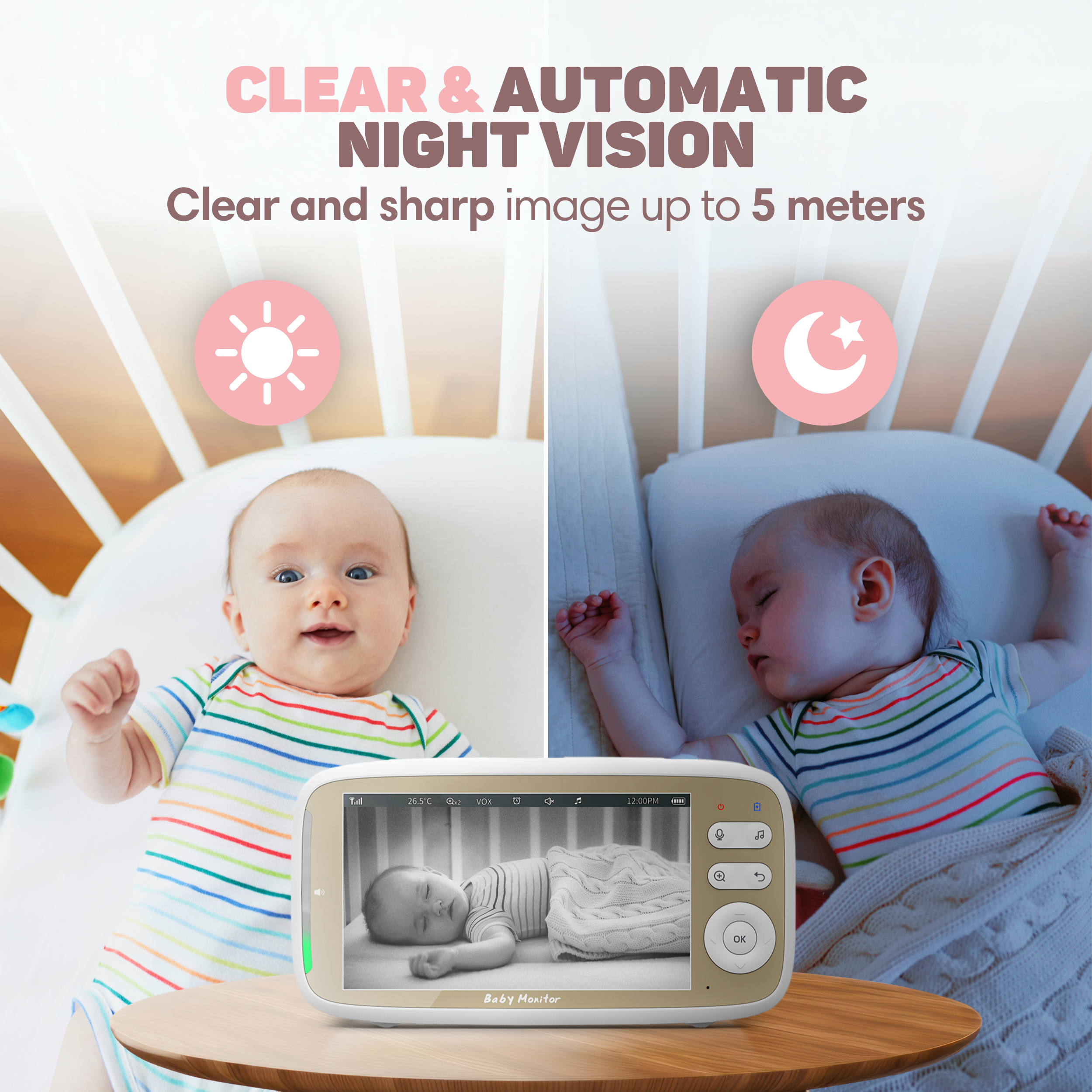 Babyphone zeigt Baby bei Tag und Nacht. Klare Sicht bis 5m.