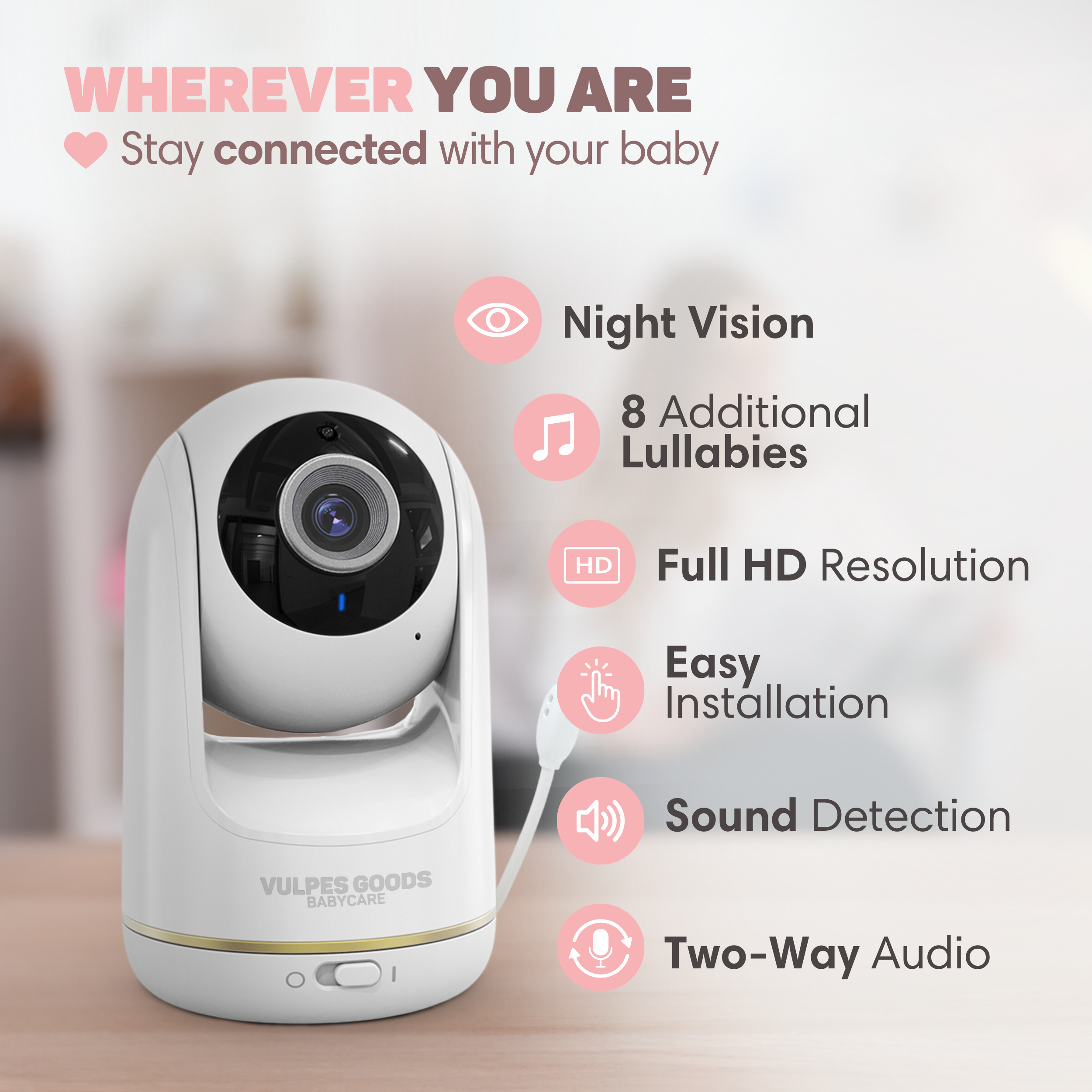 Ein weißer Baby Monitor mit Nachtsicht, Lullabies, HD, einfacher Installation, Ton und Zwei-Wege-Audio.