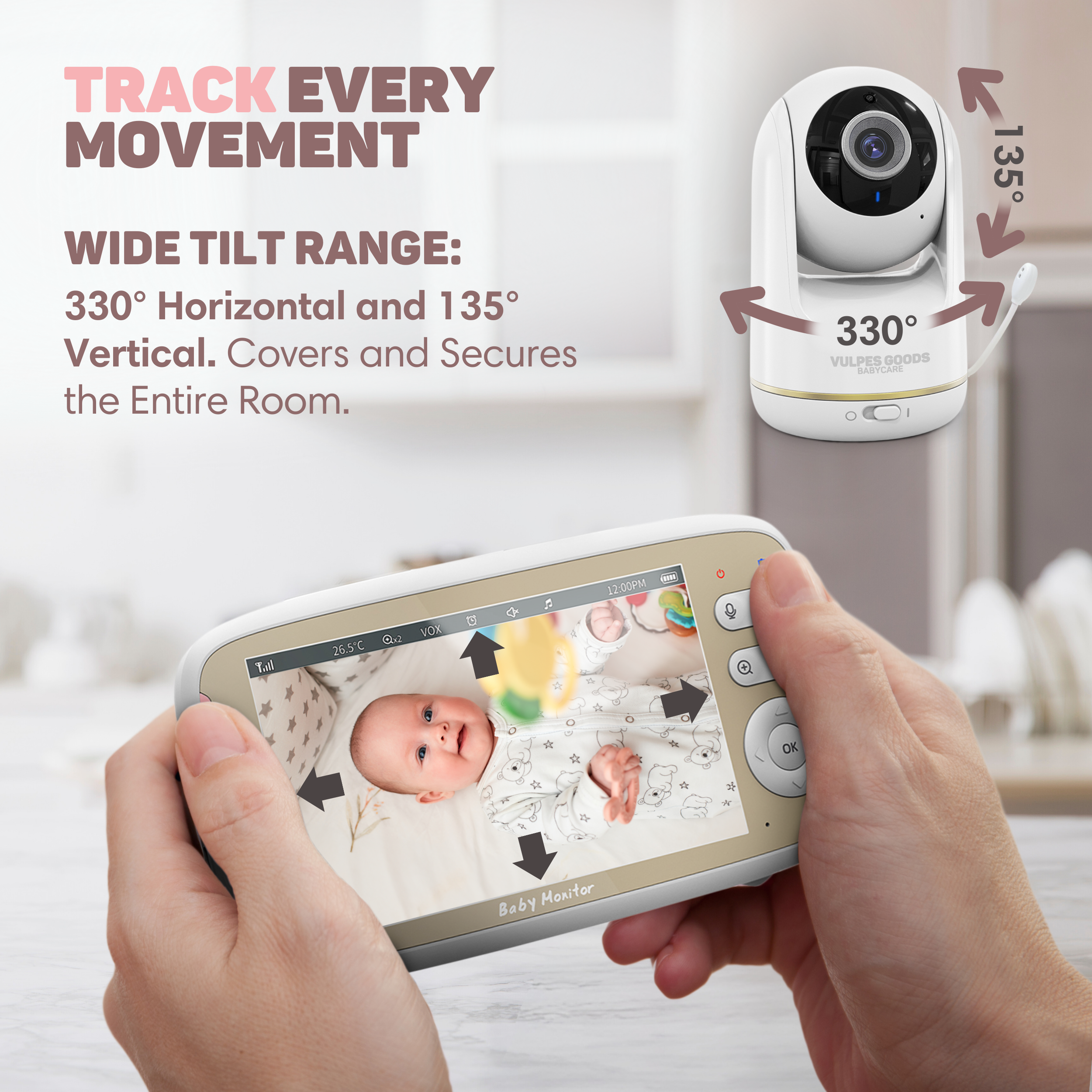 Babyphone-Überwachungskamera mit 330° horizontaler und 135° vertikaler Neigung.