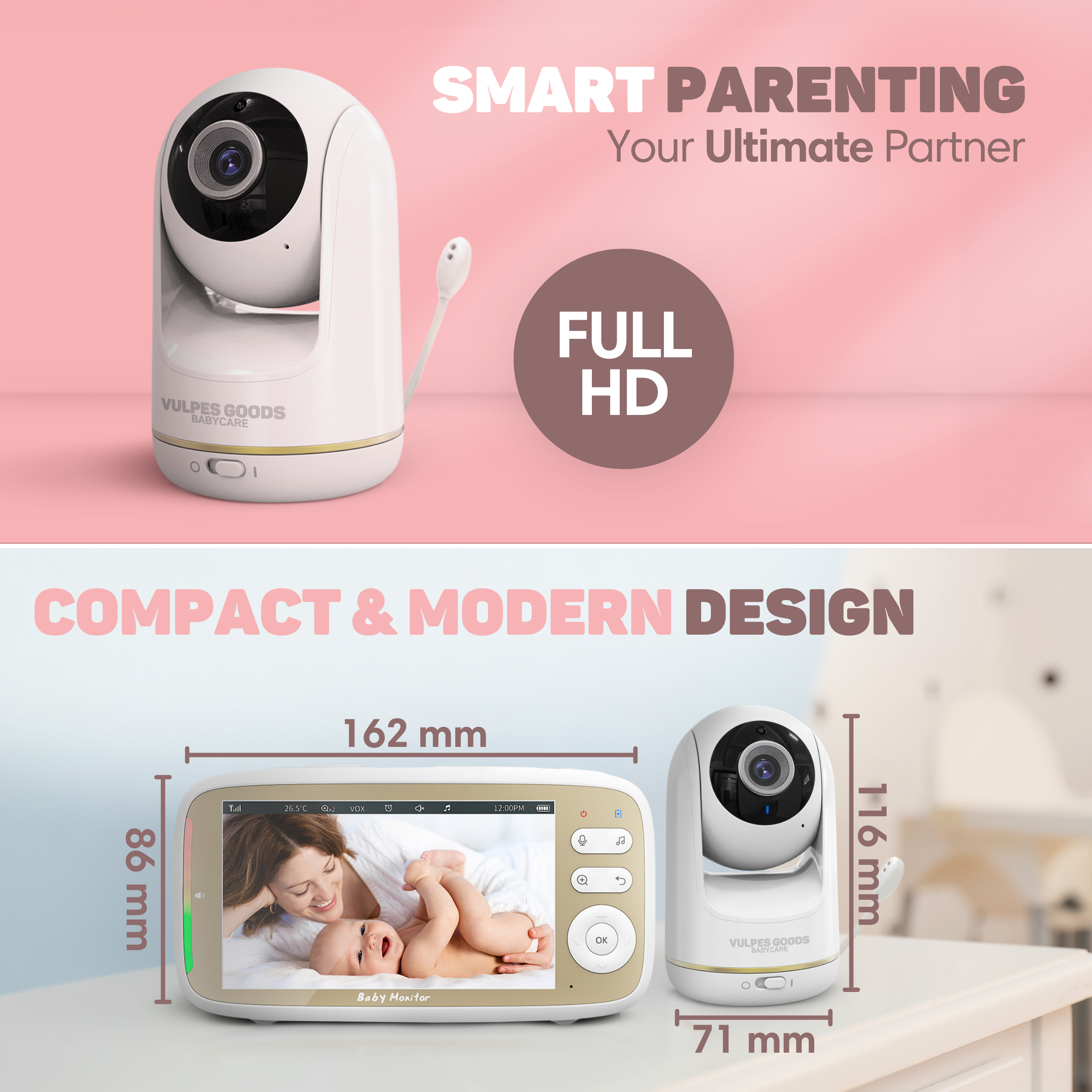 Babyphone mit Kamera und Monitor: Kompakt, Full HD, 162mm Breite.