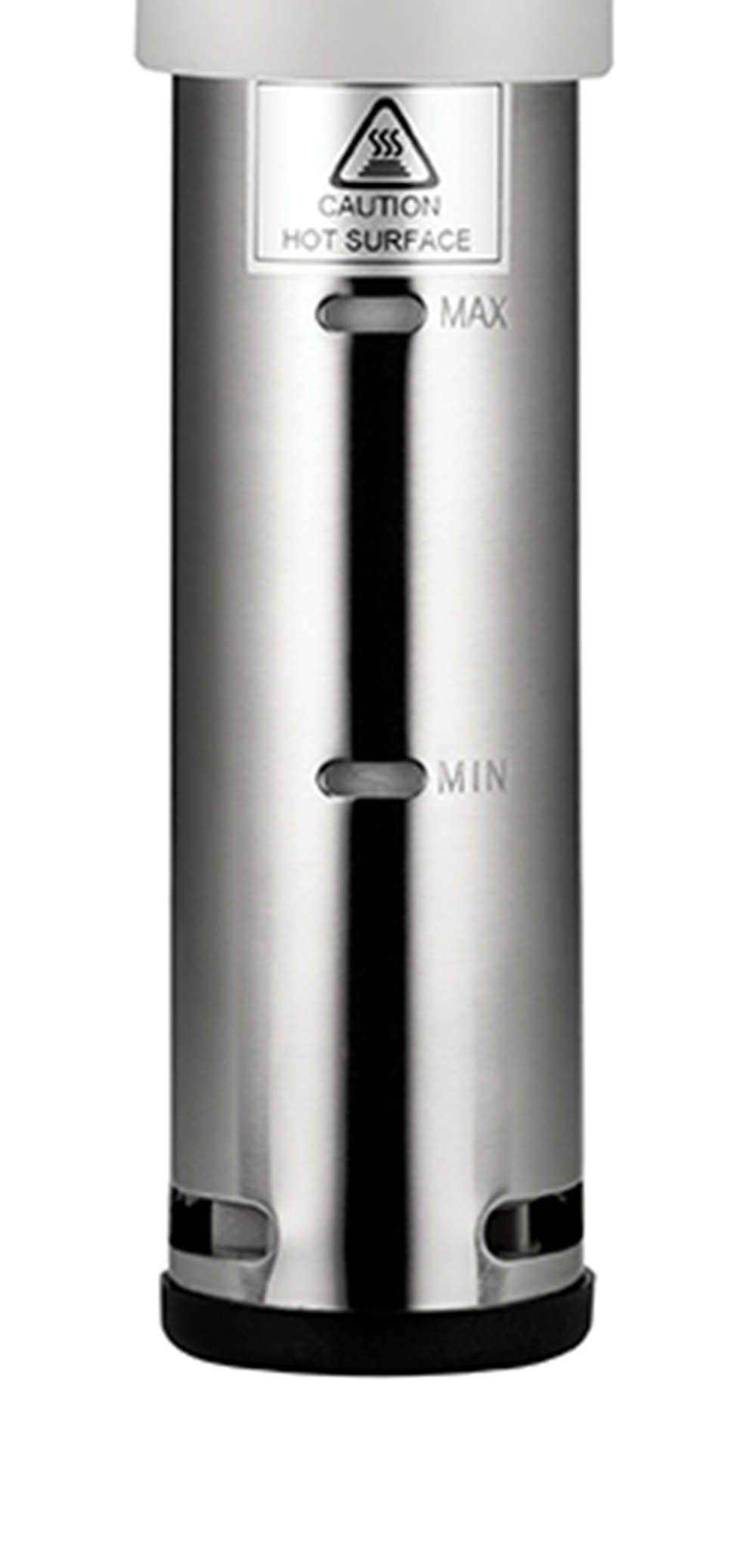 Ein silberner Zylinder mit einem Warnhinweis für heiße Oberflächen.