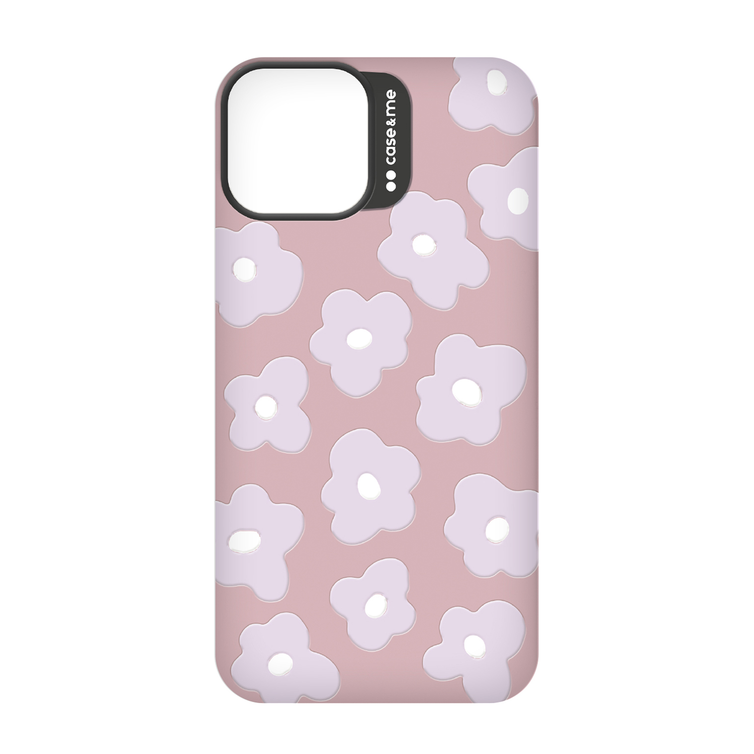 Una custodia rosa per telefono con un motivo floreale viola chiaro.