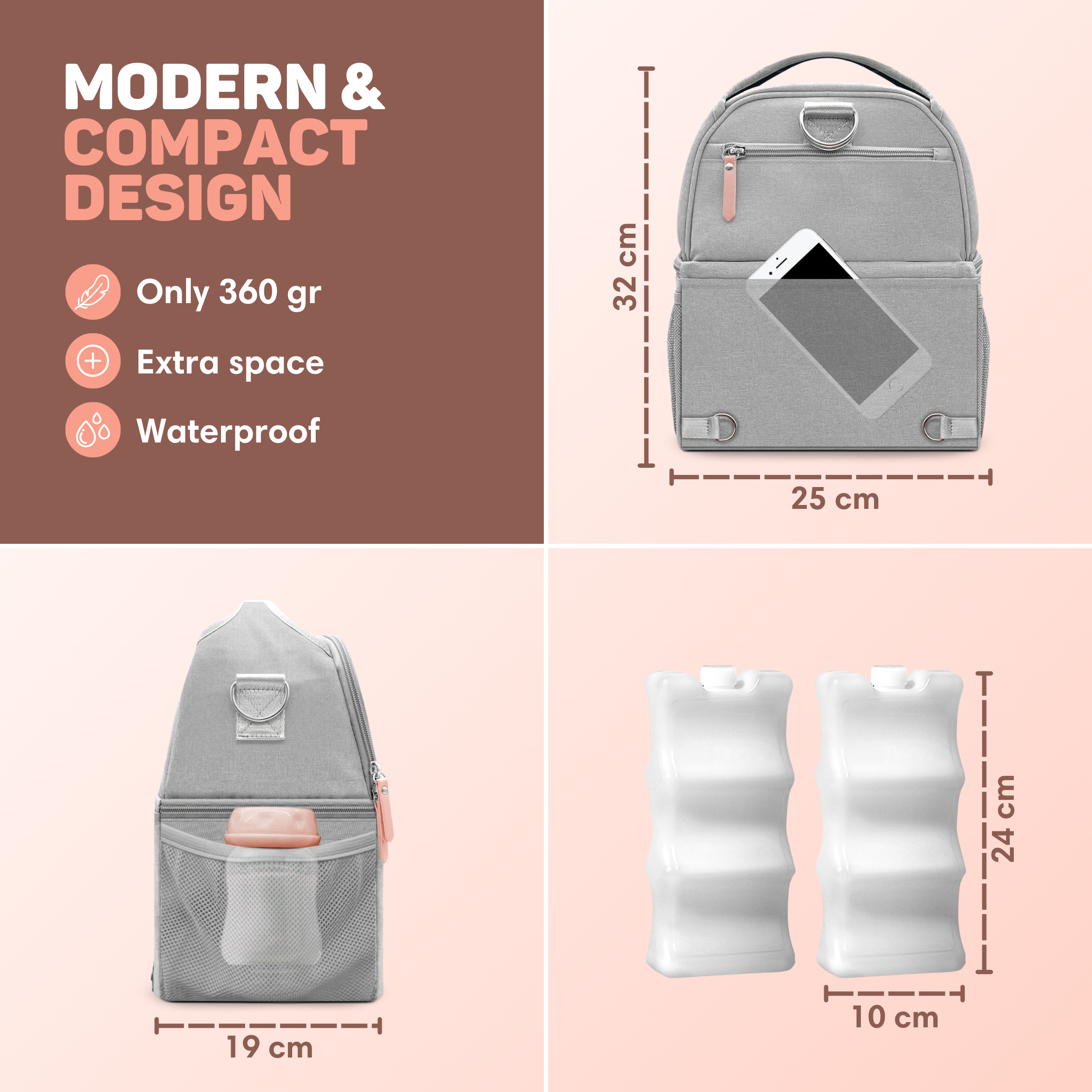 Gray diaper bag with phone, measures 32x25cm. Two ice packs 24x10cm.