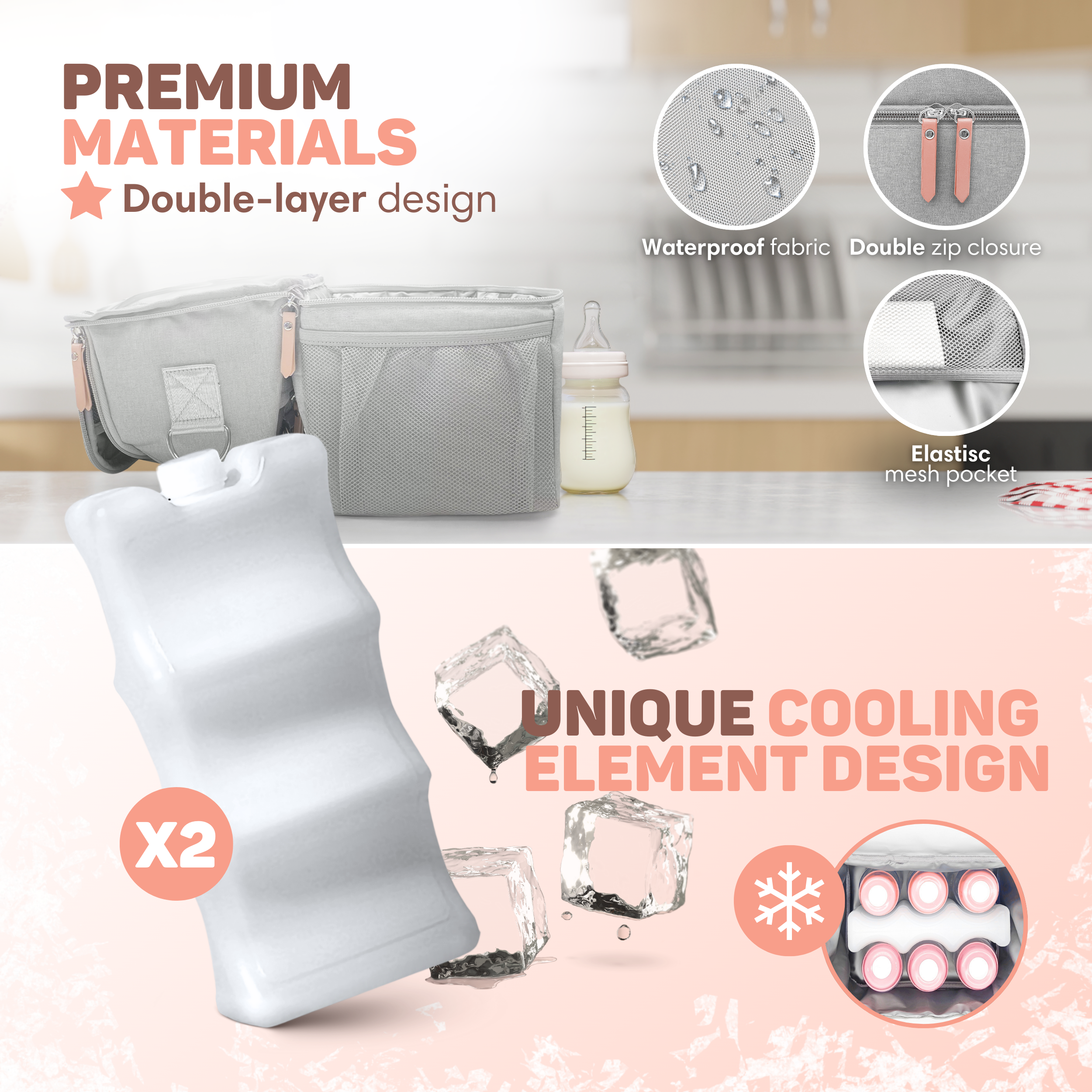 Gray cooler bag with ice pack, baby bottle, and ice cubes.