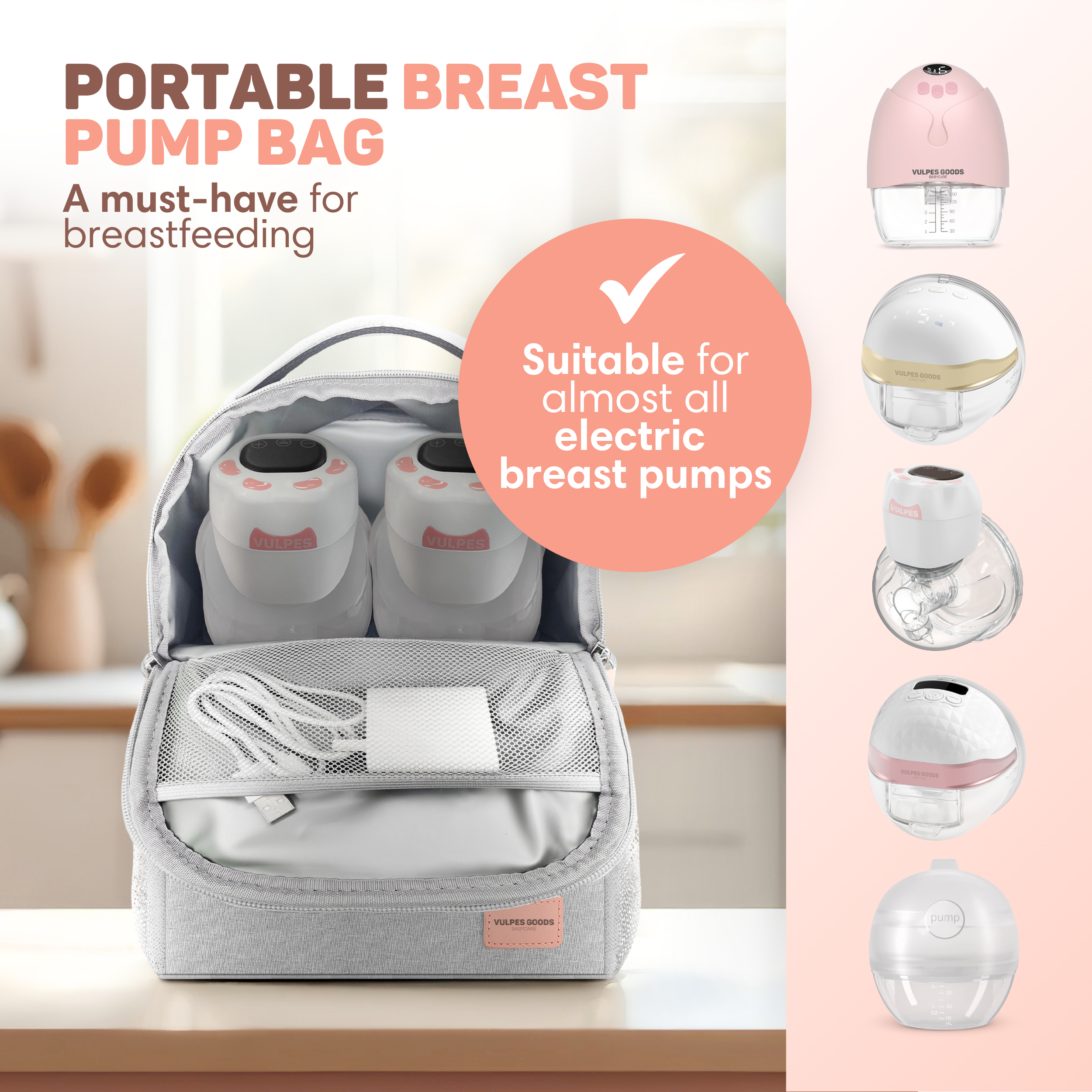 Gray bag with two breast pumps and accessories, plus various breast pumps displayed.