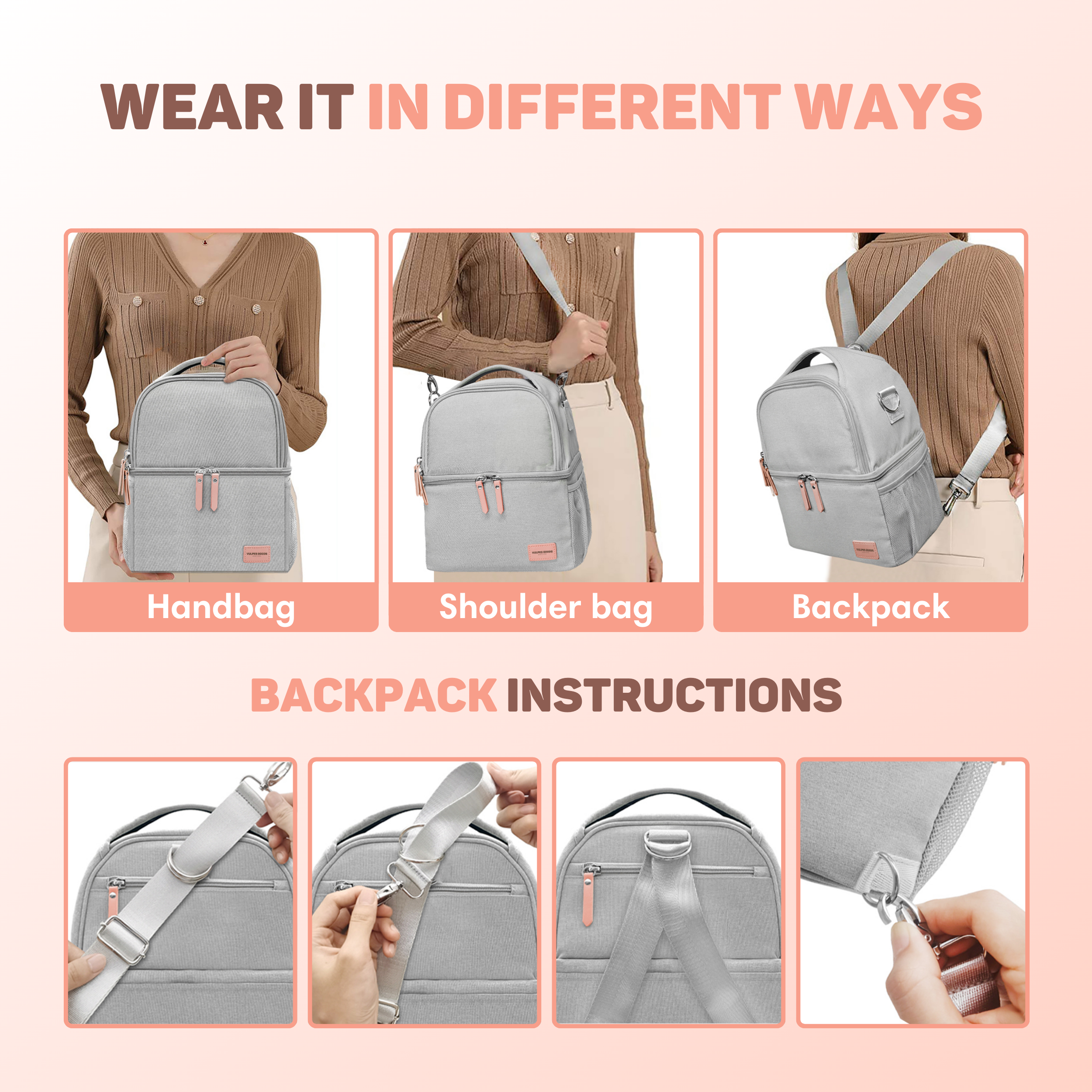 Gray bag shown worn as handbag, shoulder bag, and backpack.