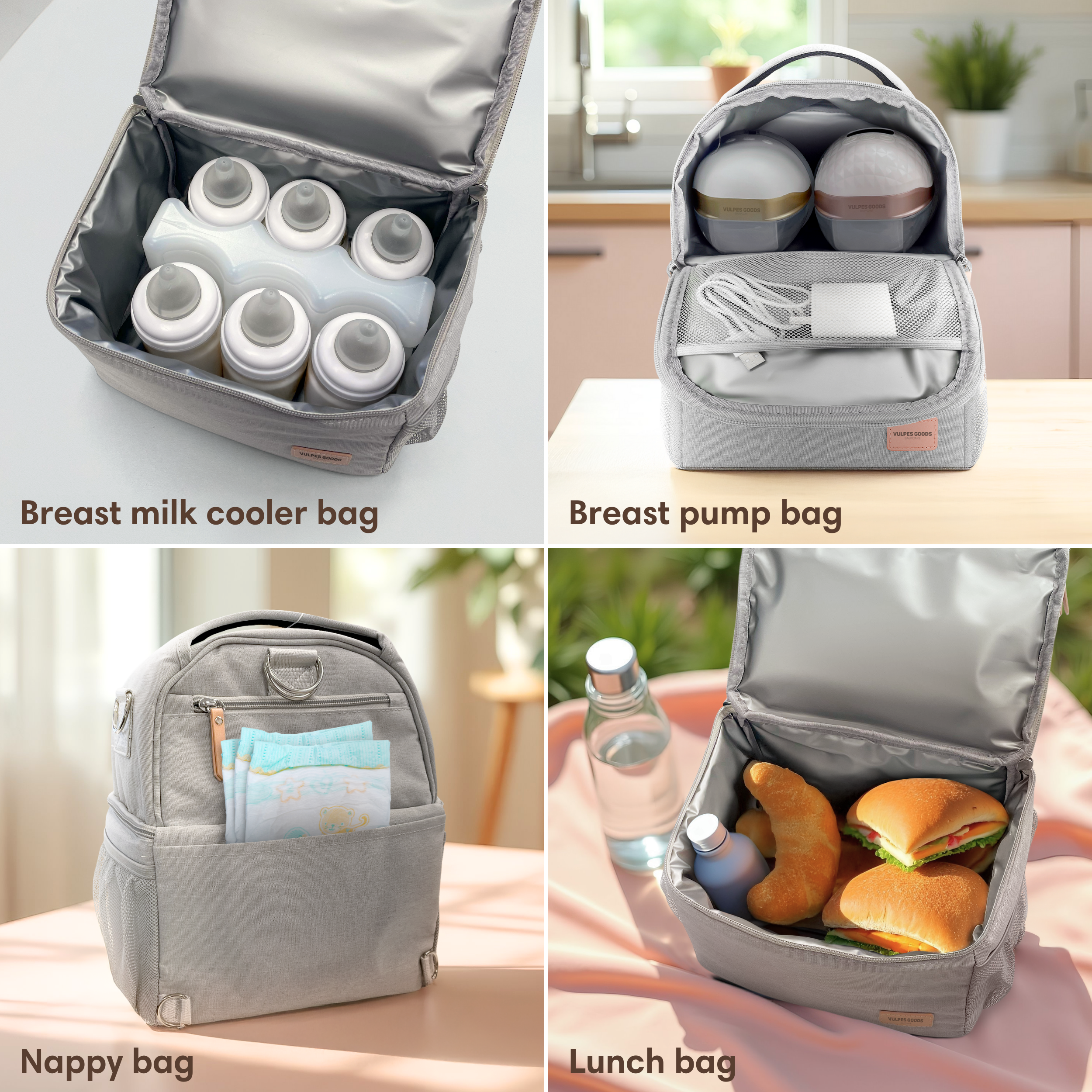 A collection of four grey bags: for milk bottles, pump, nappies, and lunch.