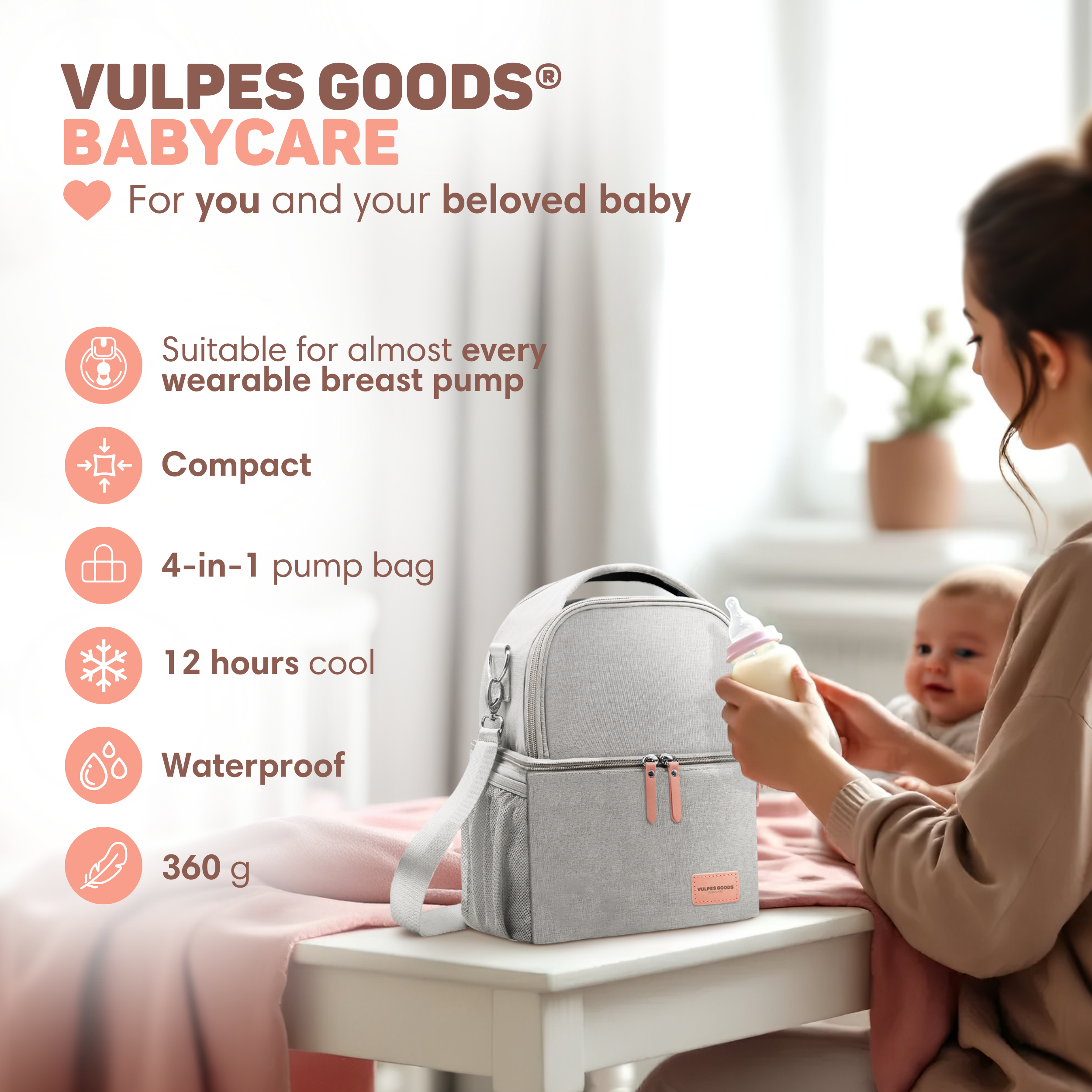 Gray baby bag with bottle and baby. Suitable for almost every wearable breast pump.