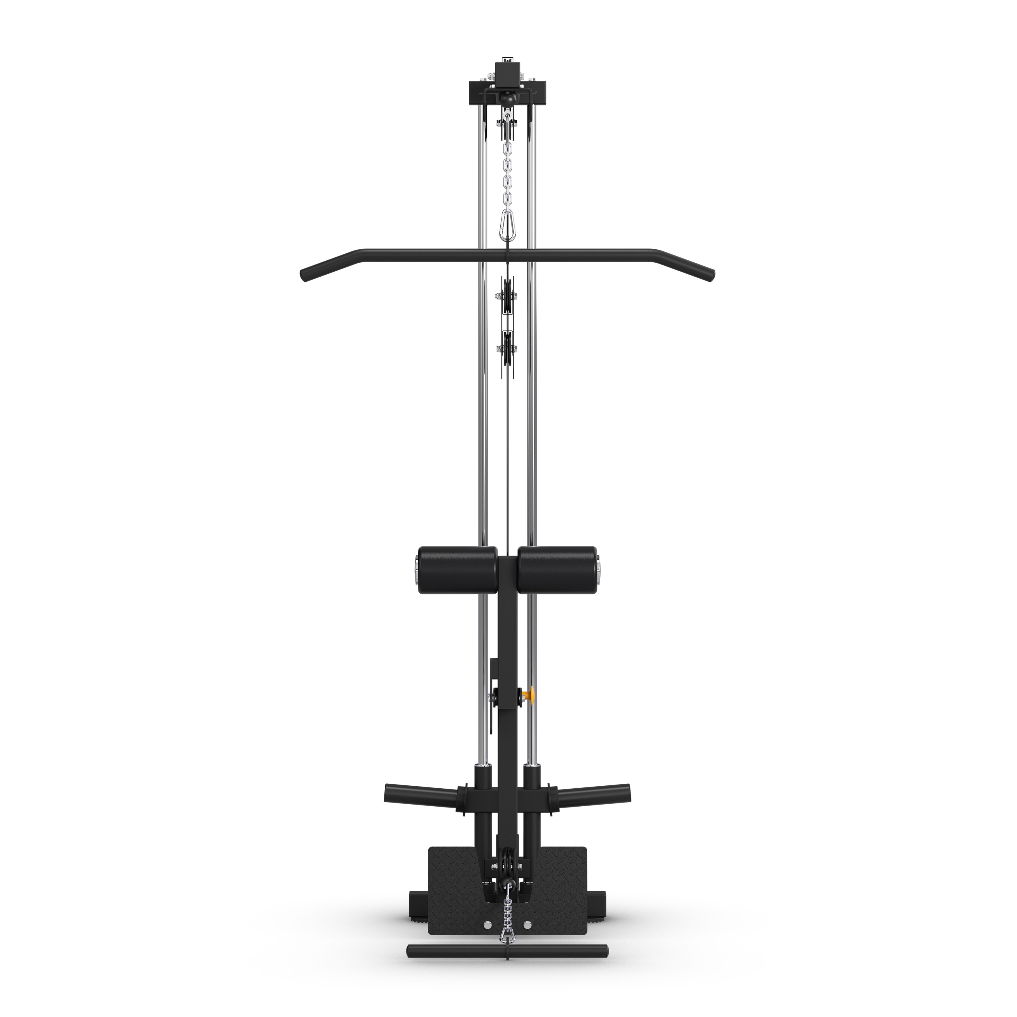 Máquina negra de jalón al pecho con cables, rodillos y asas.
