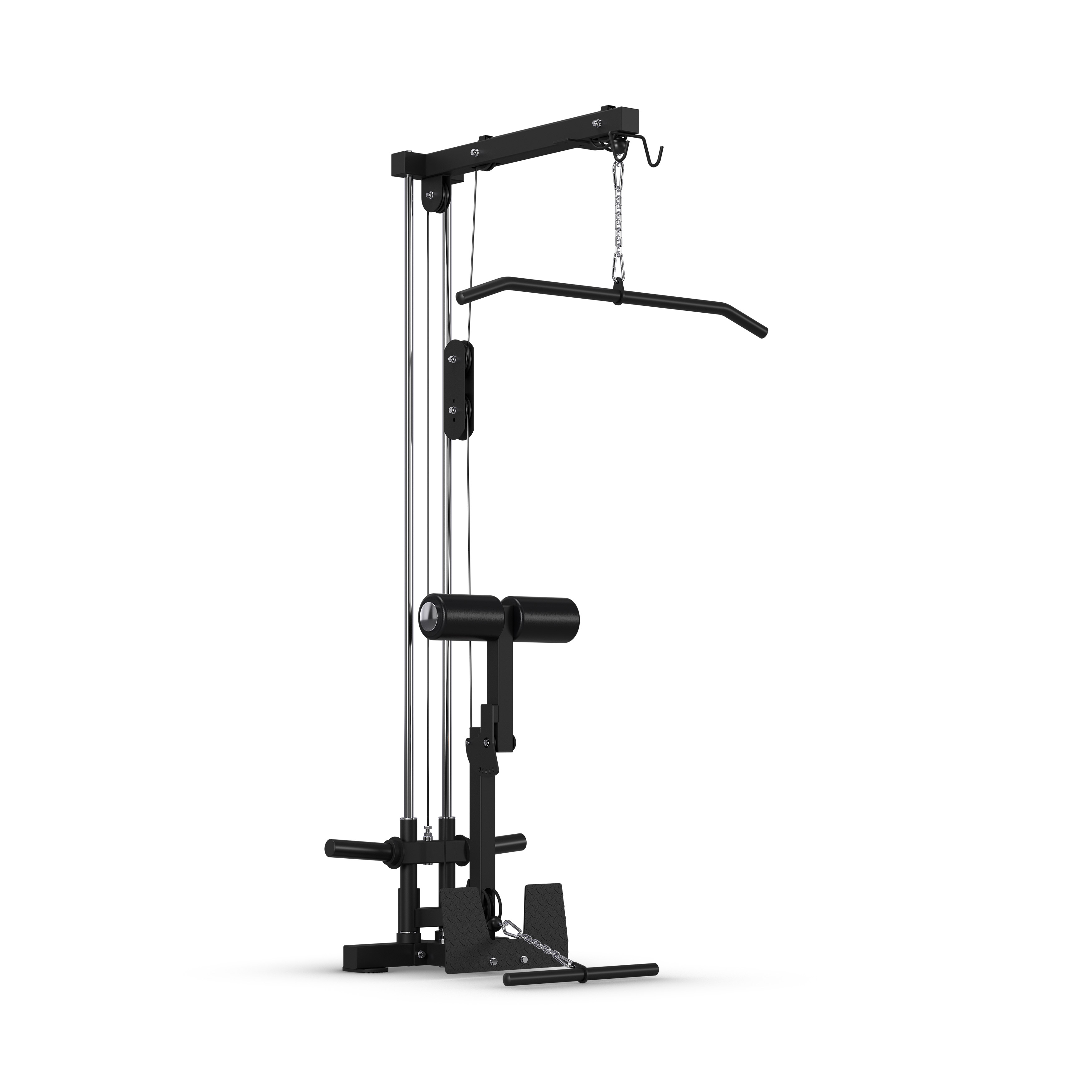 Máquina de polea alta negra con cable, barra y acolchado.