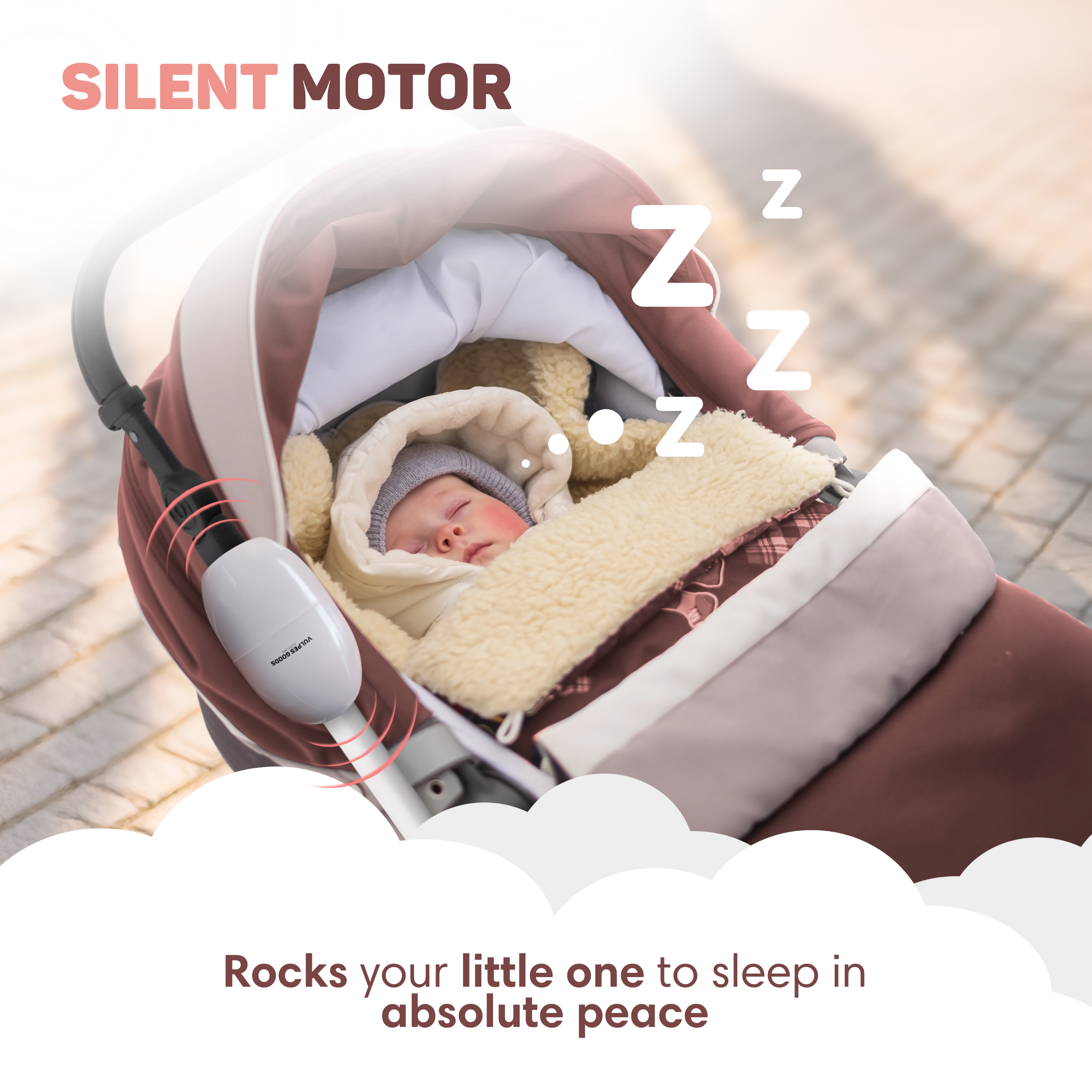 A baby sleeps in a stroller with a white device attached.