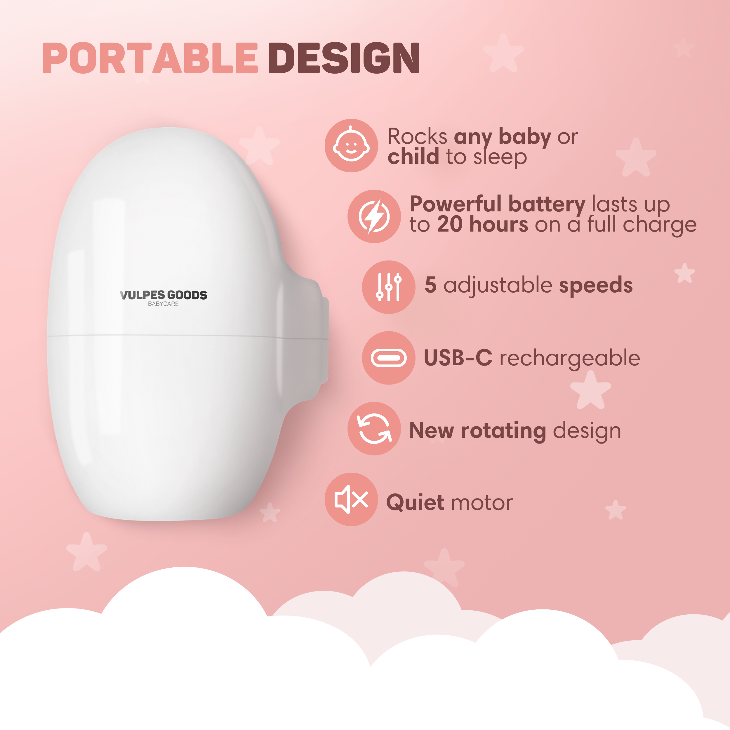 A white baby sleep device with stars and clouds. It is portable and has 5 speeds.