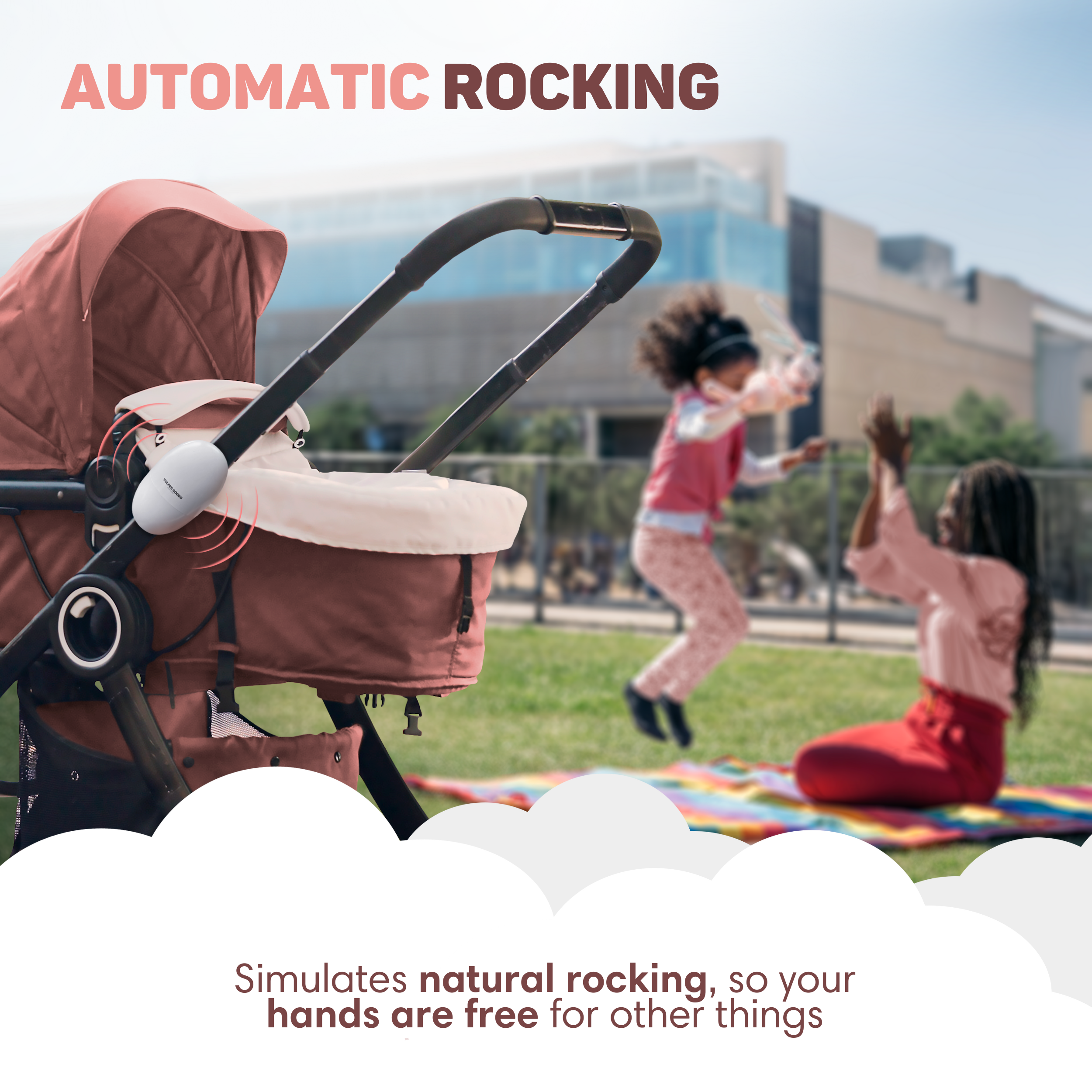 A stroller with a rocking device outdoors, while a woman and child play.