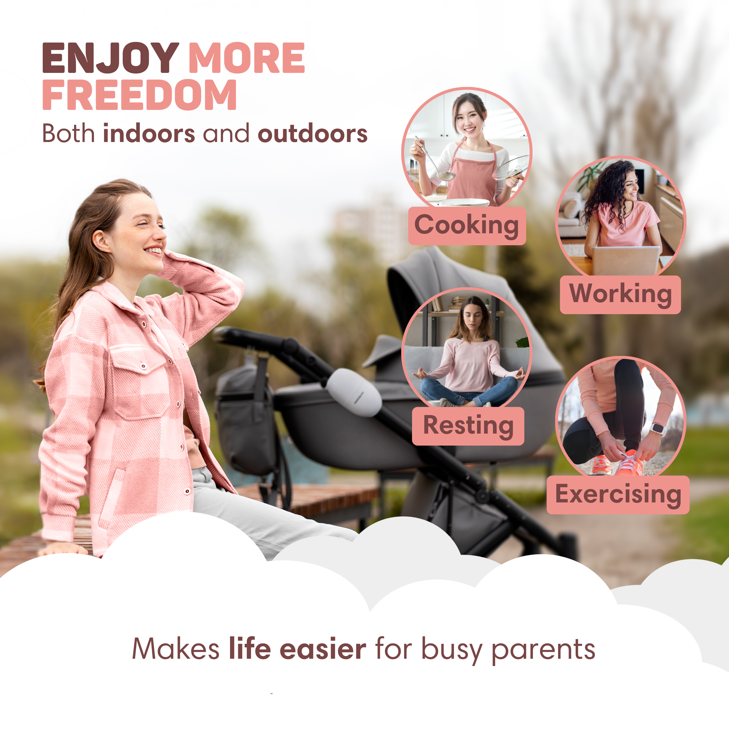 Woman with stroller enjoys outdoors, showing cooking, working, resting, exercising.