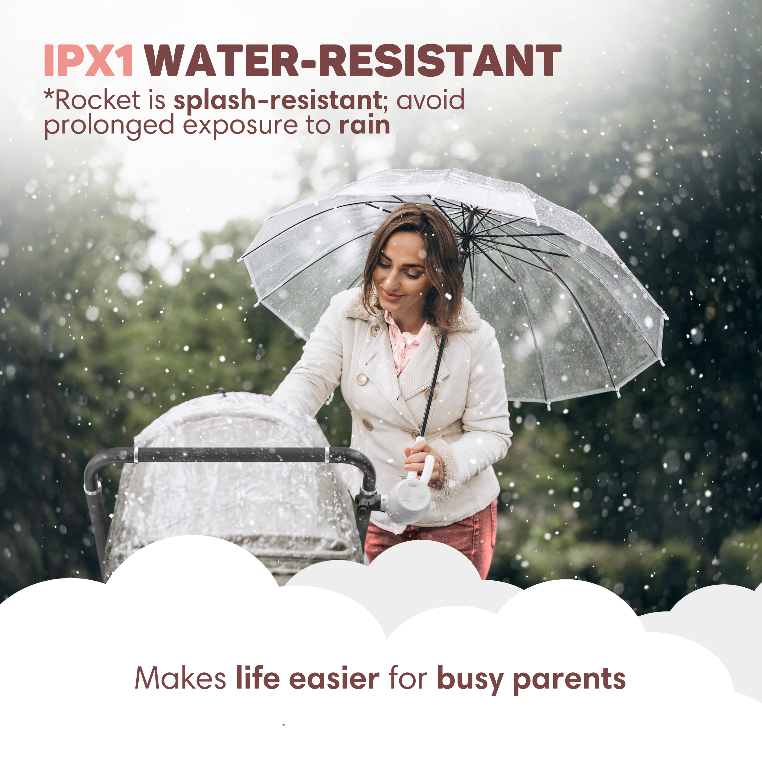A woman holding an umbrella next to a stroller in the rain.